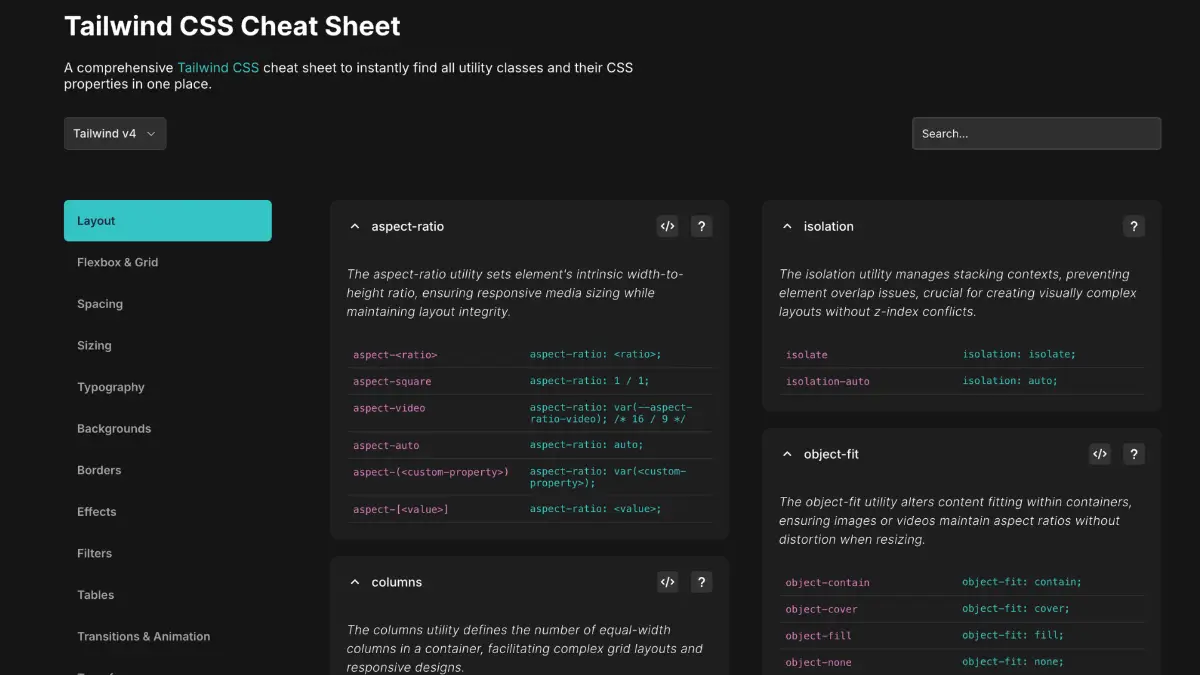 Tailwind CSS Cheat Sheet product image