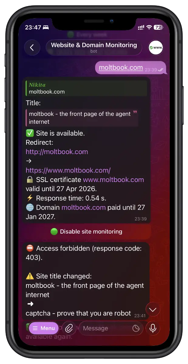 Website and Domain Monitoring in Telegram image number 01