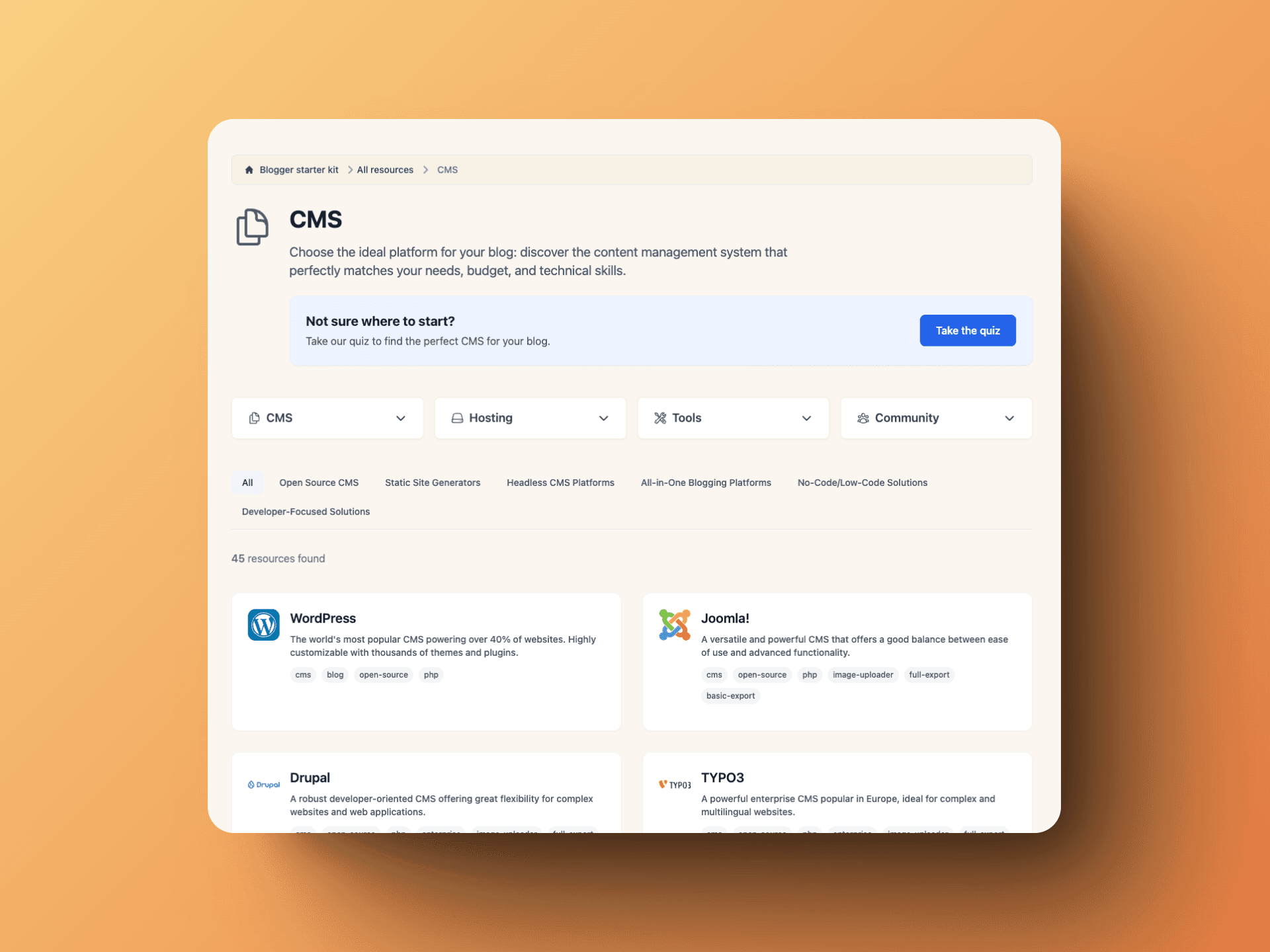 Example of a CMS category page with filtering options and detailed comparisons