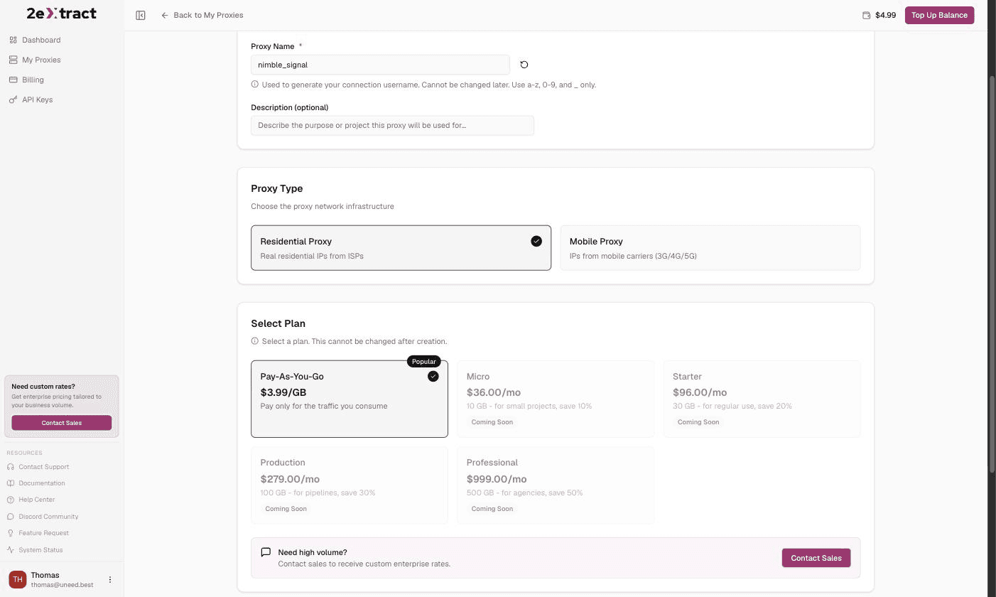 The Create New Proxy form: a pre-filled random name, residential or mobile, and a plan grid where everything except Pay-As-You-Go is marked Coming Soon.