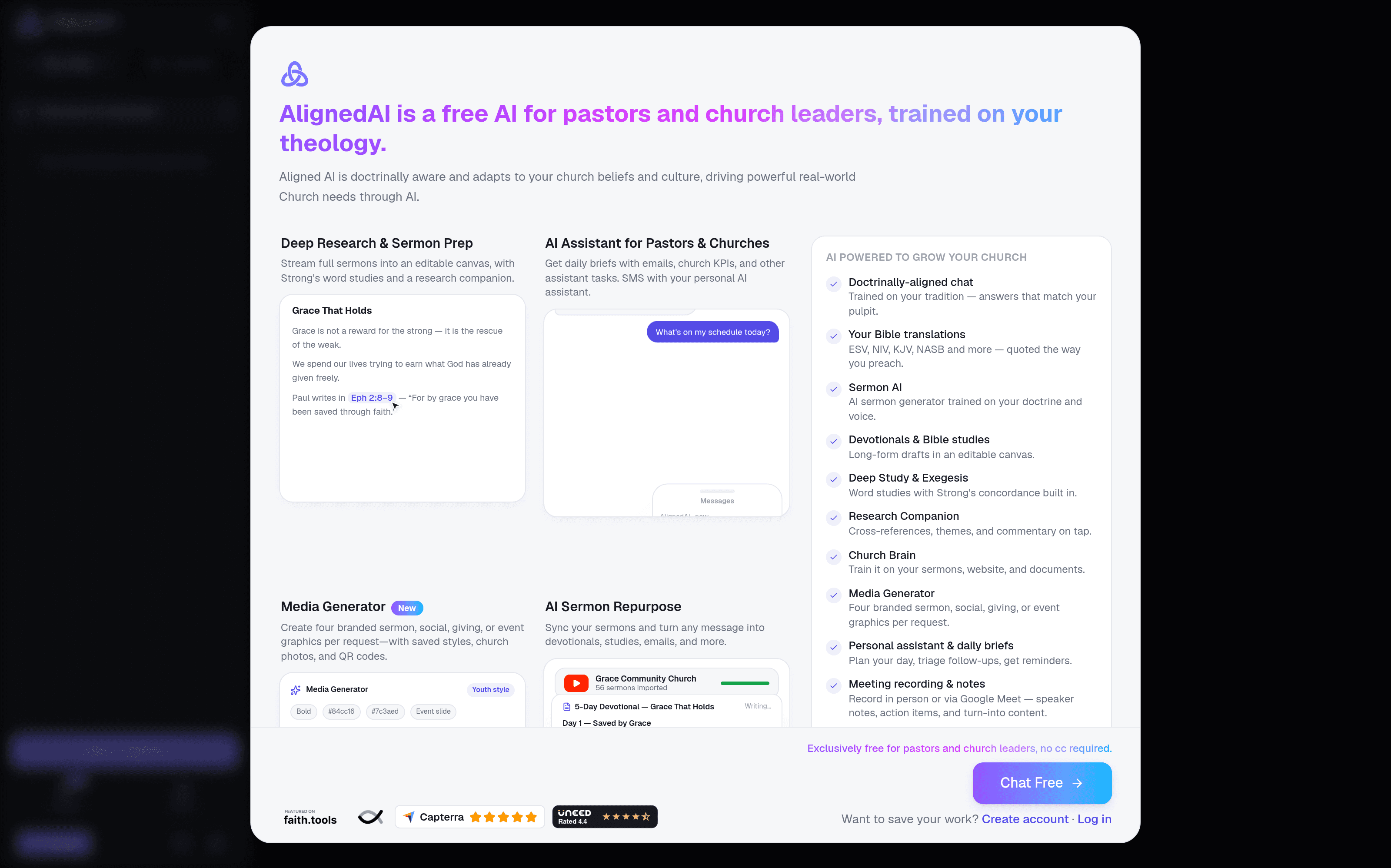 AlignedAI's landing screen: the free pitch and feature checklist, before you've signed up for anything.