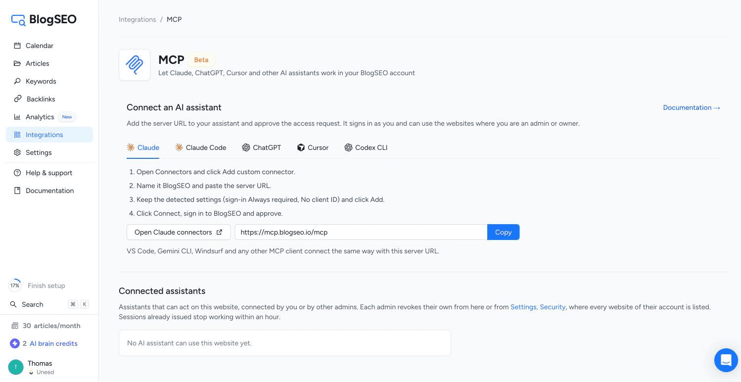 The MCP integration page: one server URL, a tab per AI client, and a list of connected assistants you can revoke.