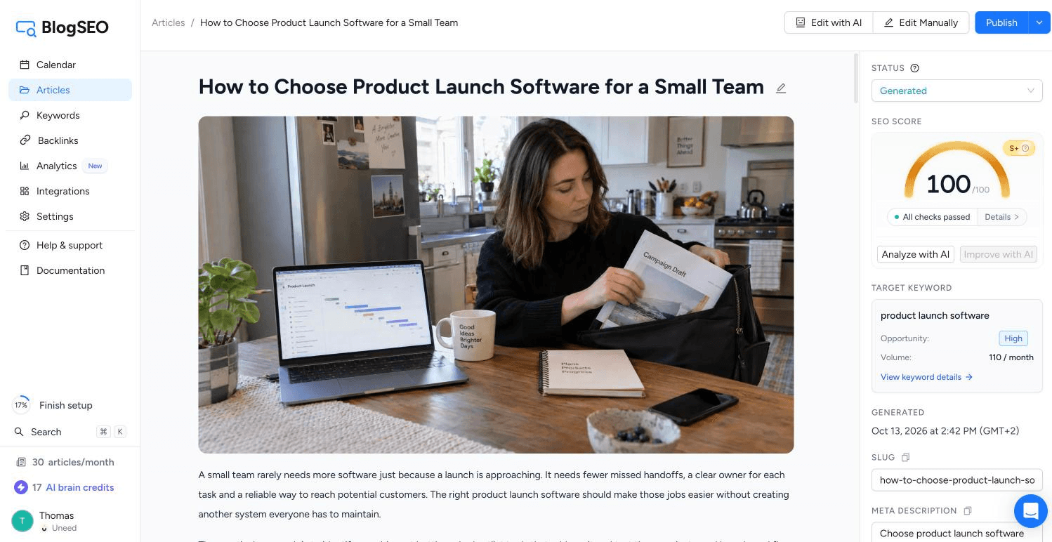The first generated article, with its cover image and the SEO panel showing a 100/100 score and the target keyword.
