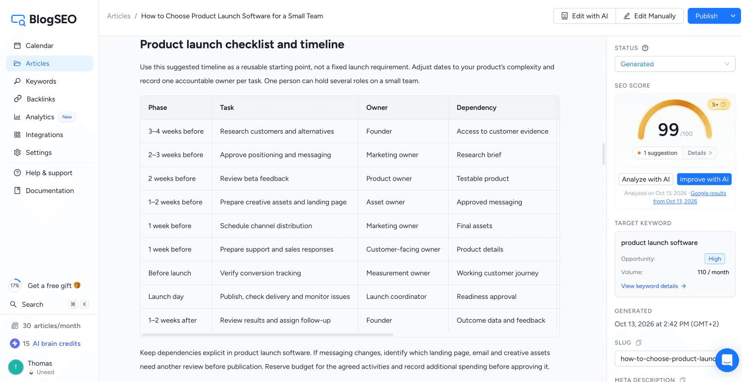 After Improve with AI: the article is back to 99/100, with a new launch checklist and timeline section.