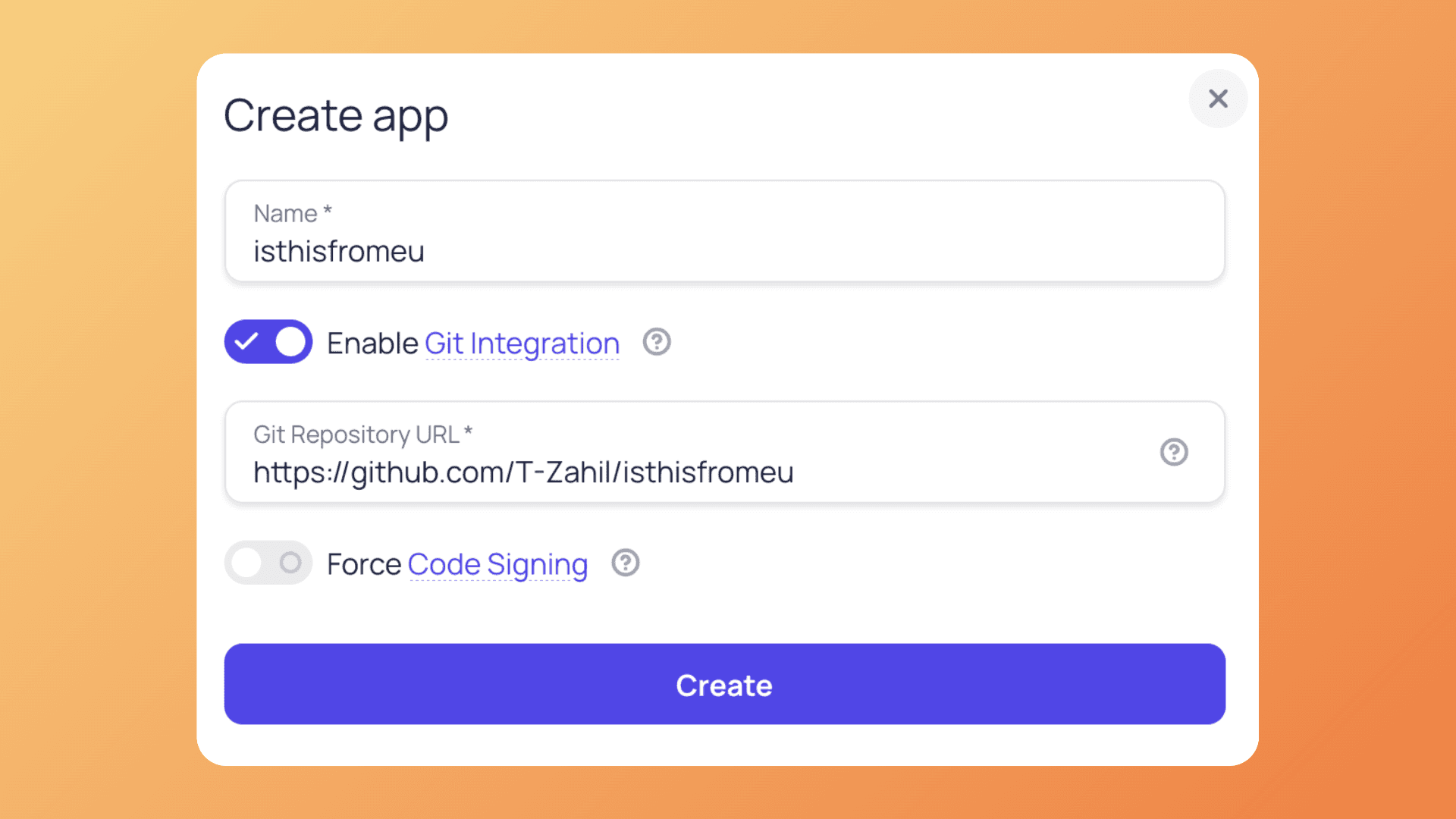 App creation with Git integration options