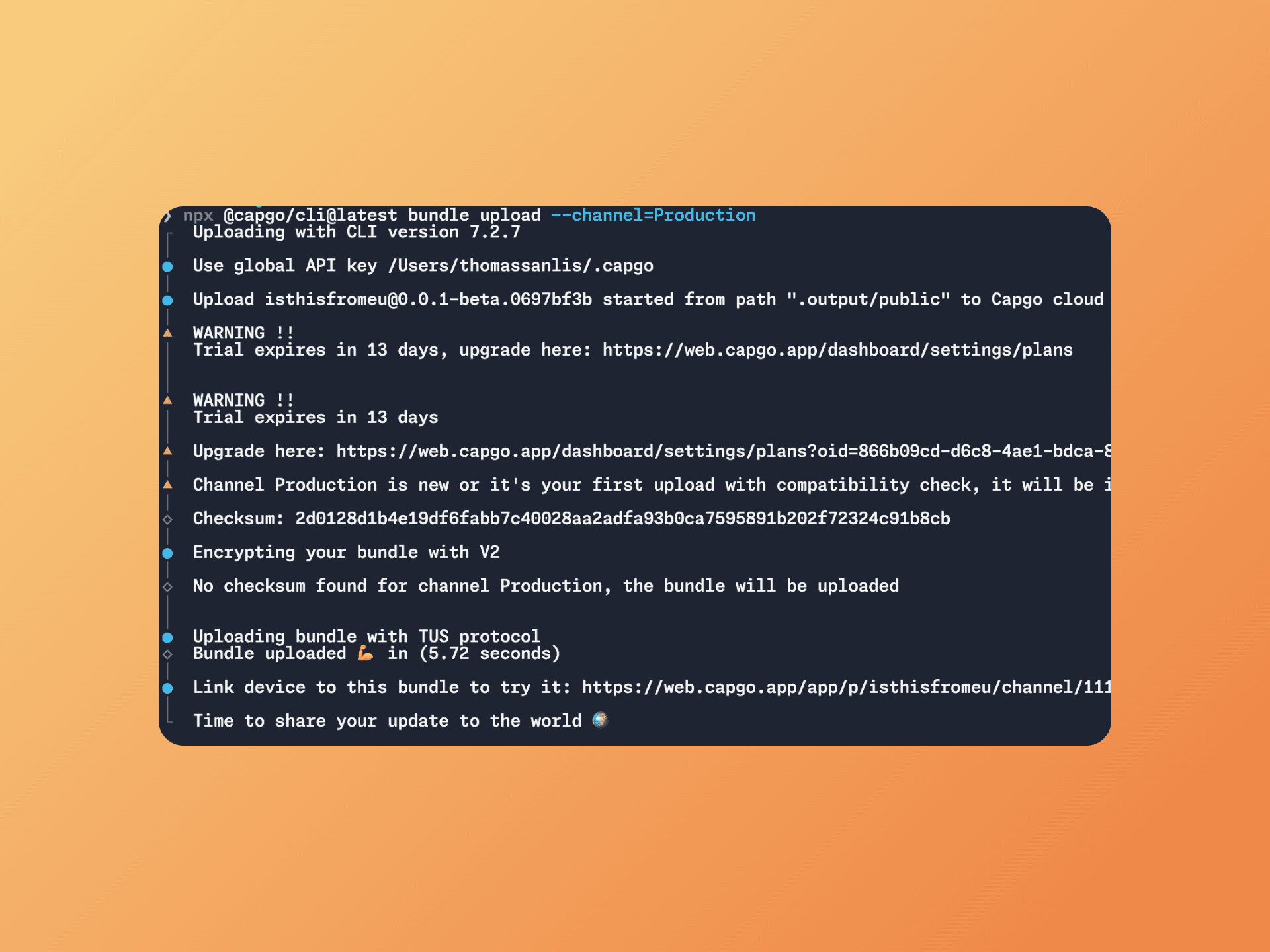 Capgo's bundle upload command