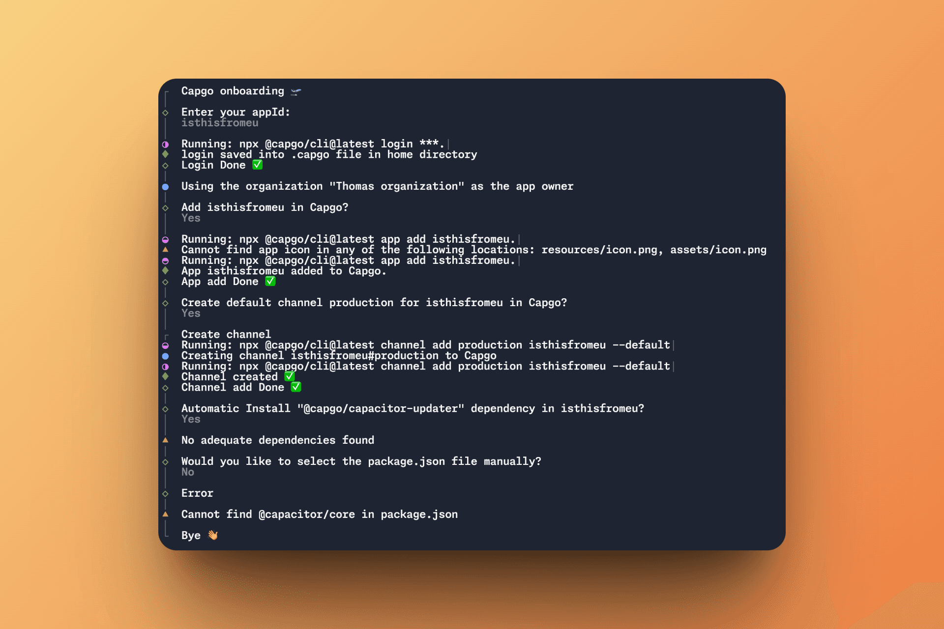 Capgo's onboarding process in the terminal