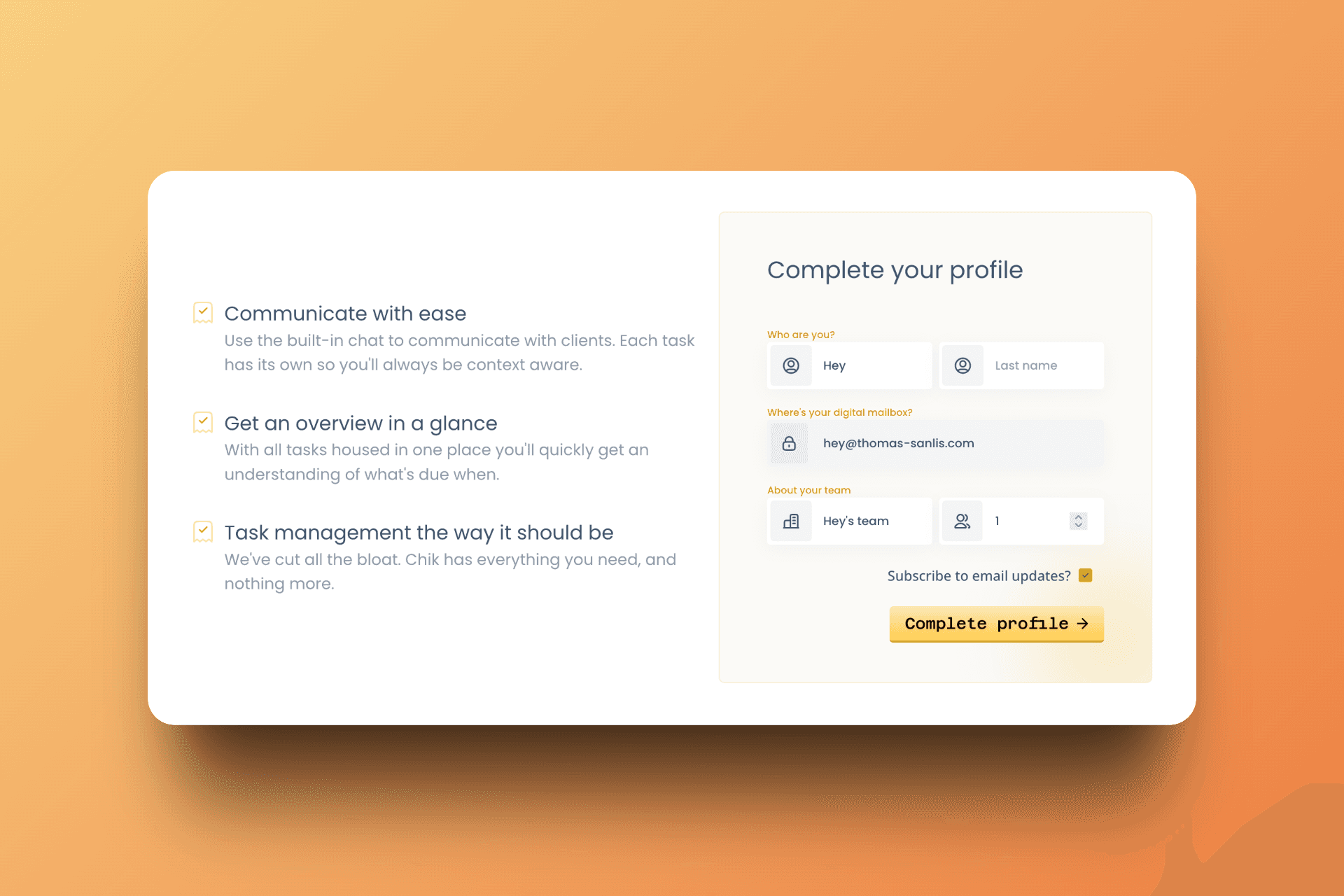 Clean onboarding experience focused on getting you started quickly
