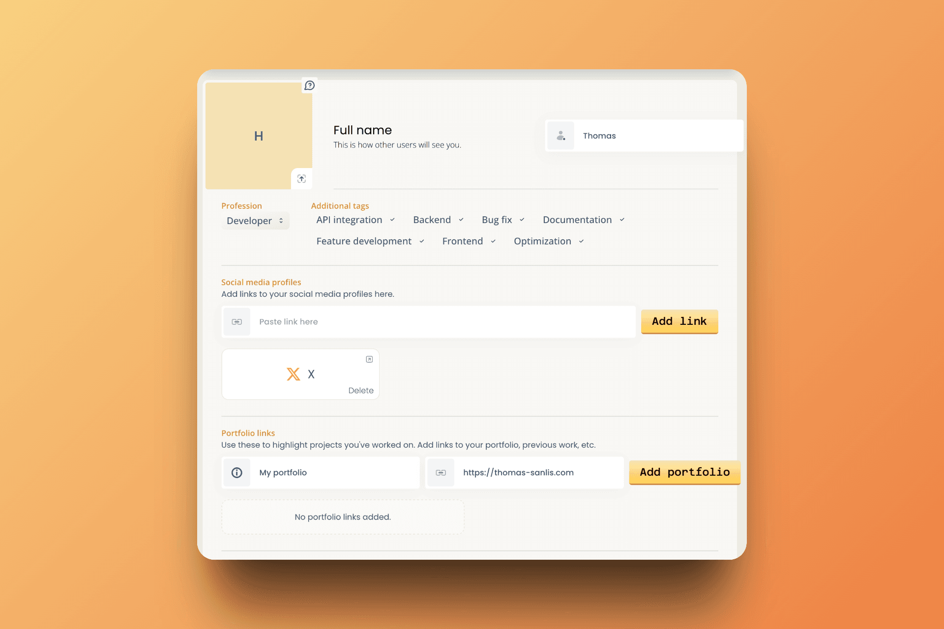 Professional profile setup for freelancer directory