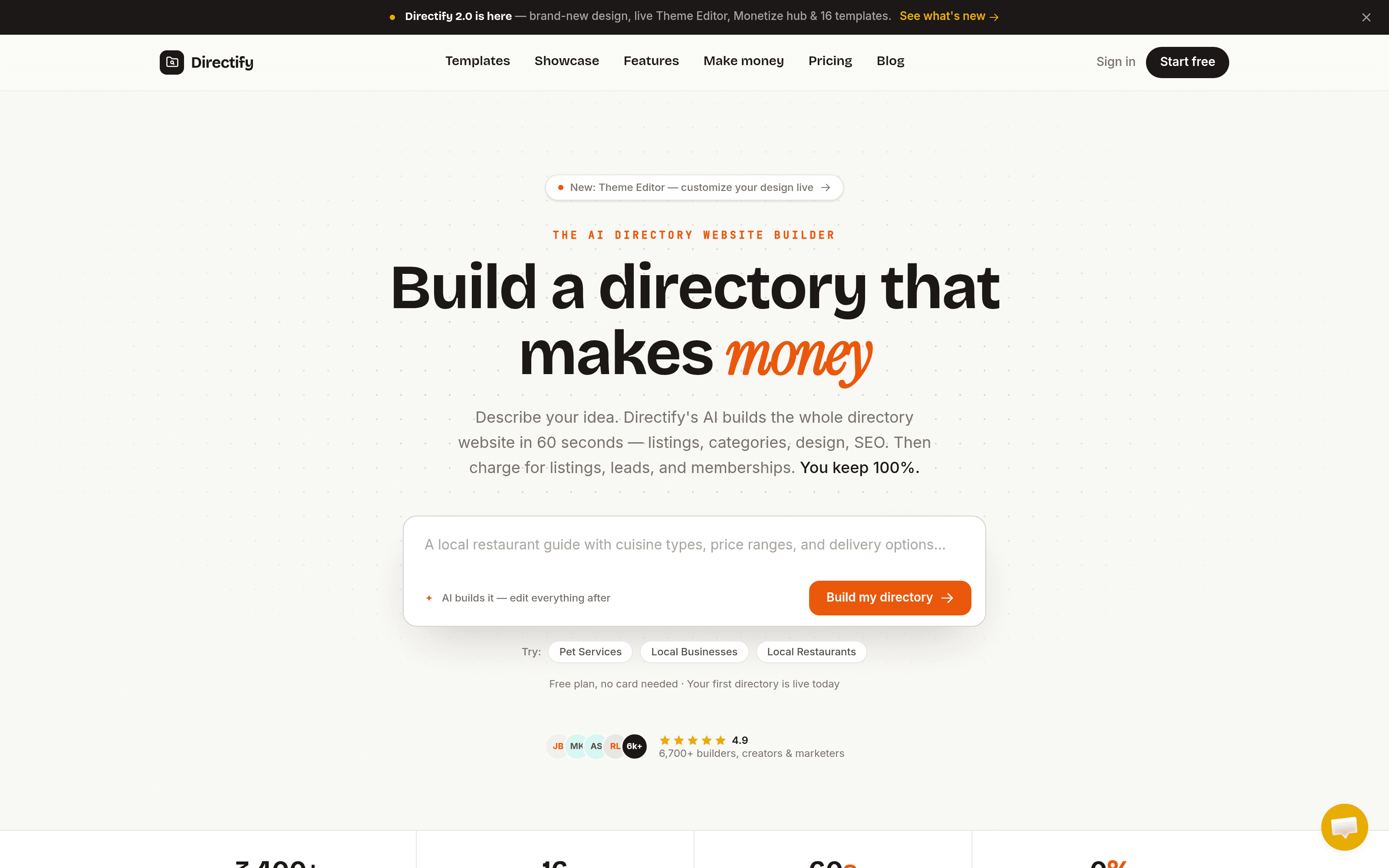 The Directify home page: describe your idea, and the AI builds the whole directory website.