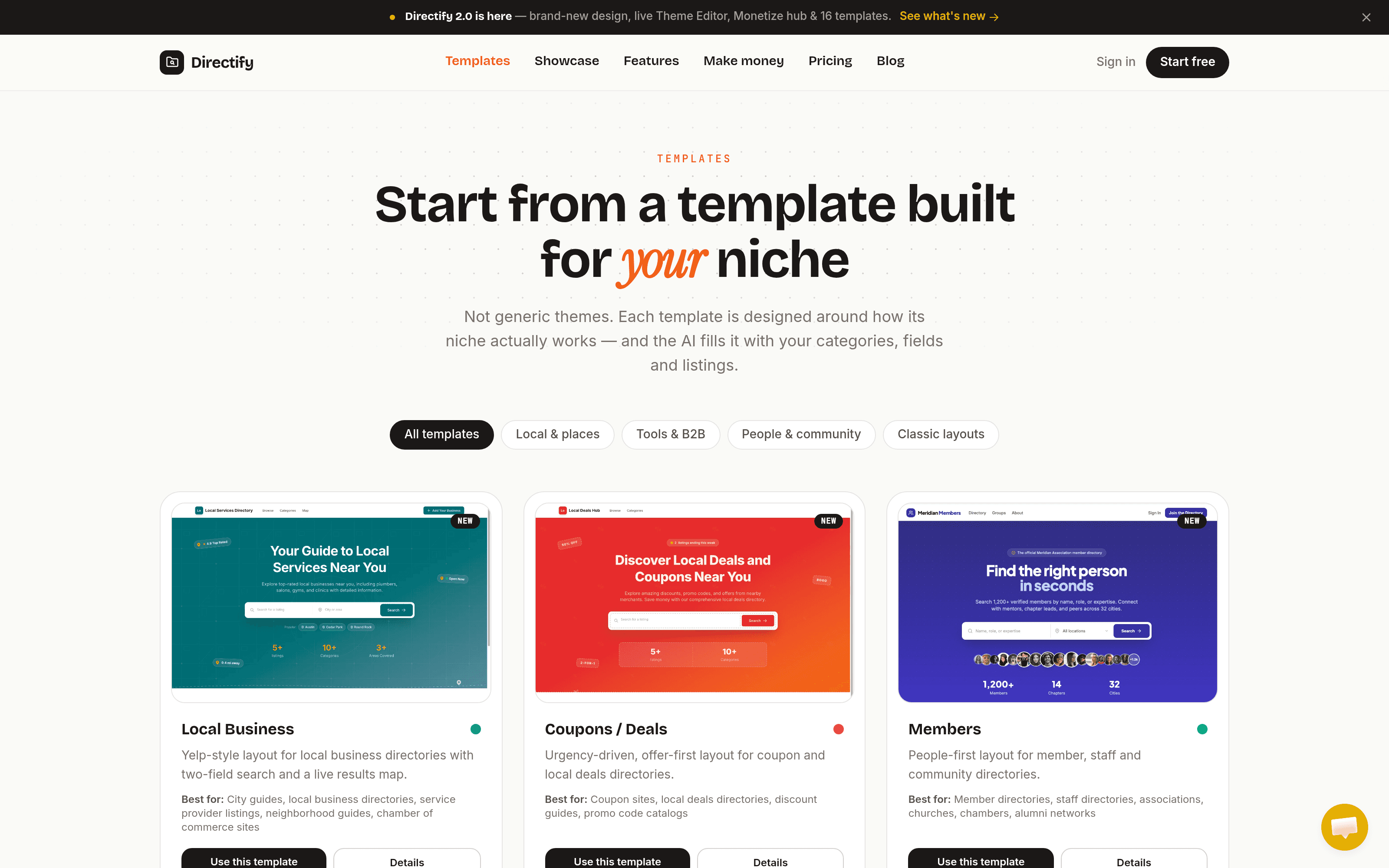 A slice of the template library: each design is built for a specific kind of directory.