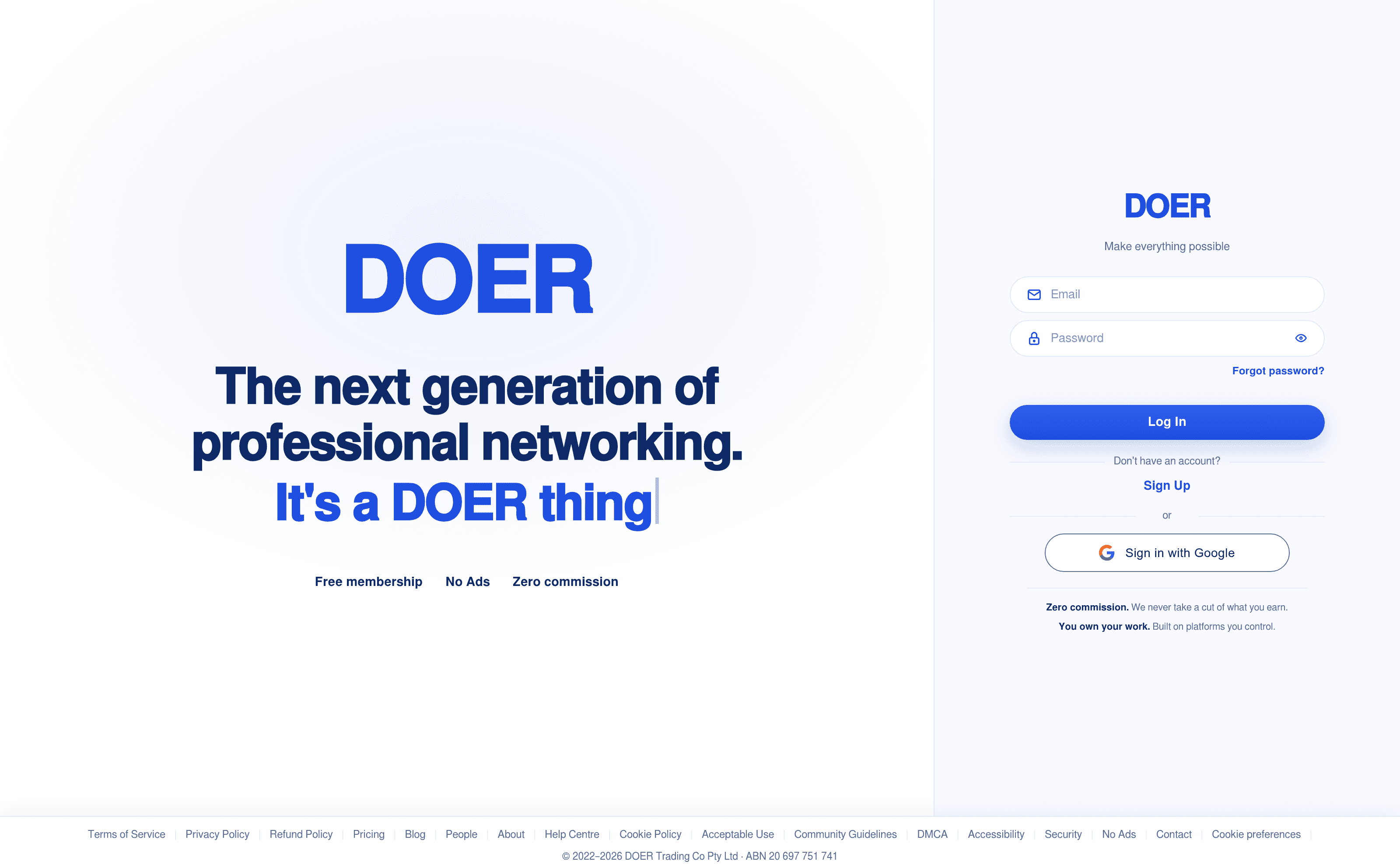 The DOER home page: 'The next generation of professional networking', with sign-up on the right.