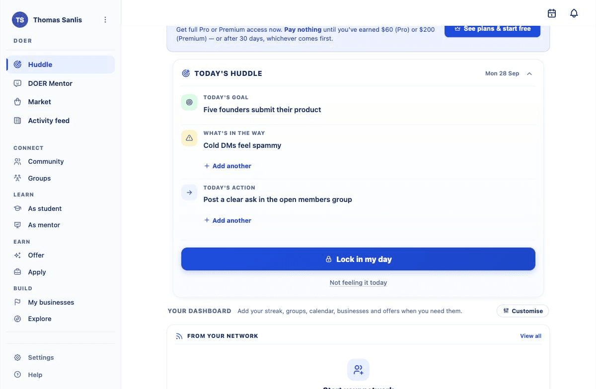 The Huddle with my goal, blocker and action filled in, one click away from locking in the day.