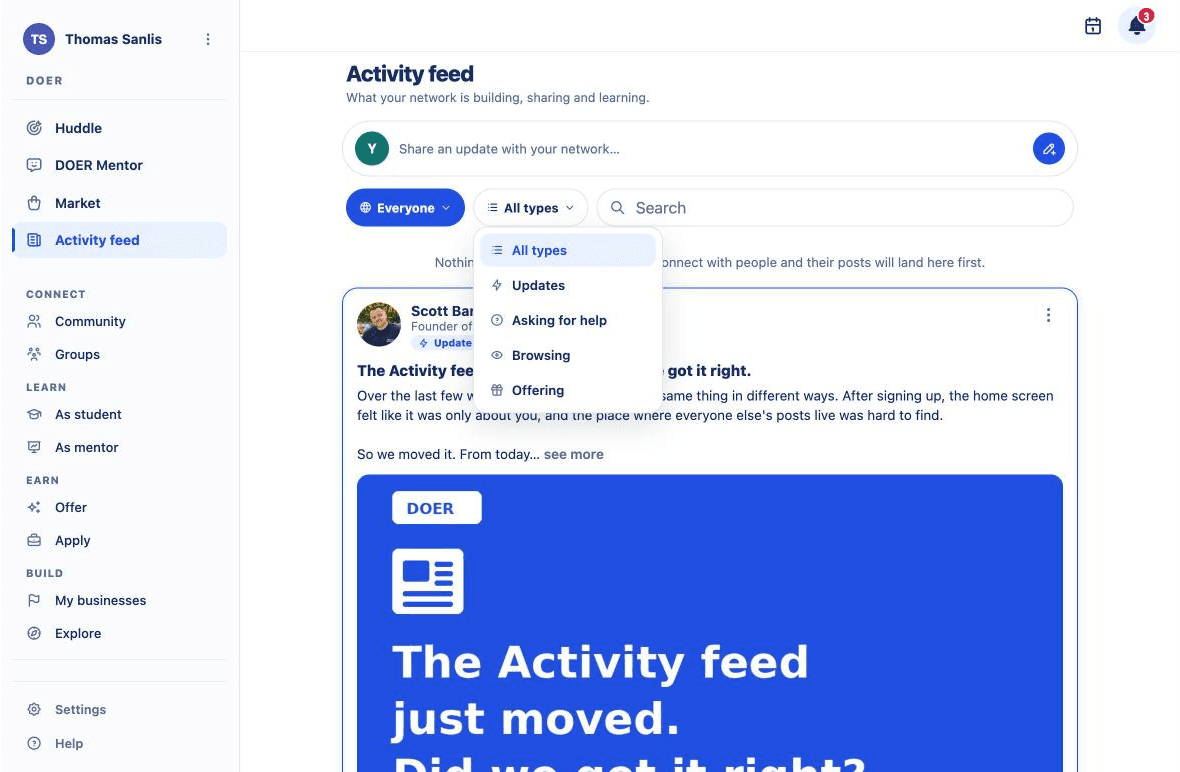 The Activity feed with the post-type filter open: Updates, Asking for help, Browsing, Offering.