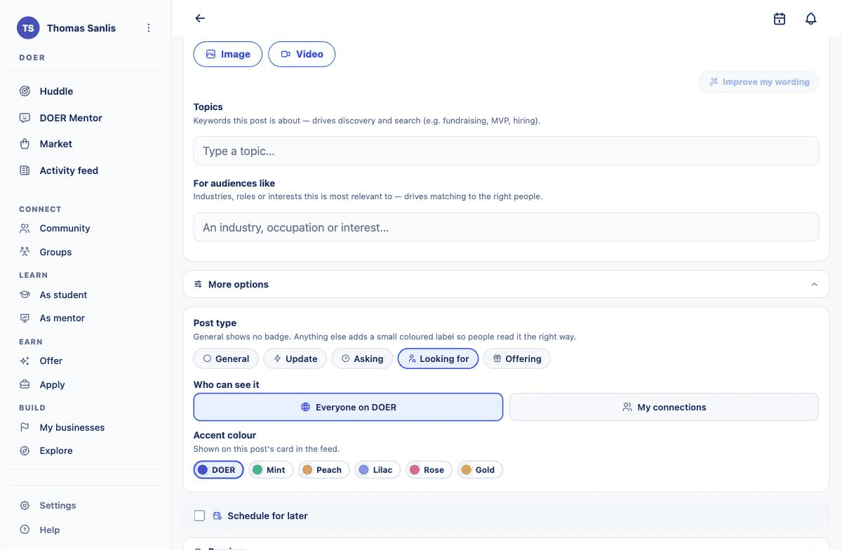 Drafting a post: topics, target audiences, post type, visibility and accent colour.