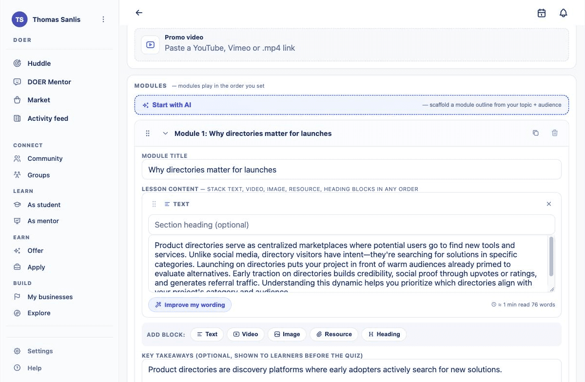 The course builder after Start with AI: the first of nine drafted modules, with its lesson text and key takeaway.