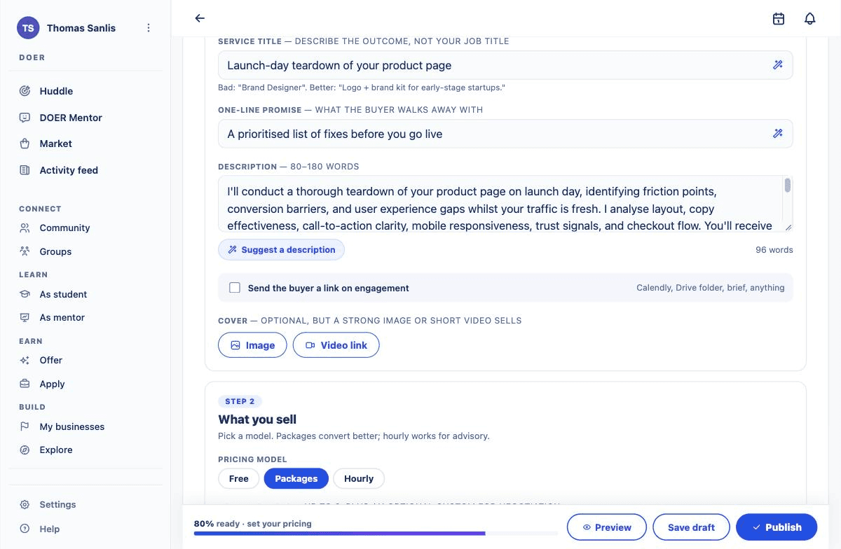 Creating a service: outcome-led title, AI-suggested description and package pricing.