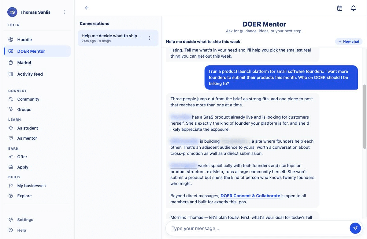 The AI Mentor suggesting three members to contact and a group to post in (member names and projects blurred).