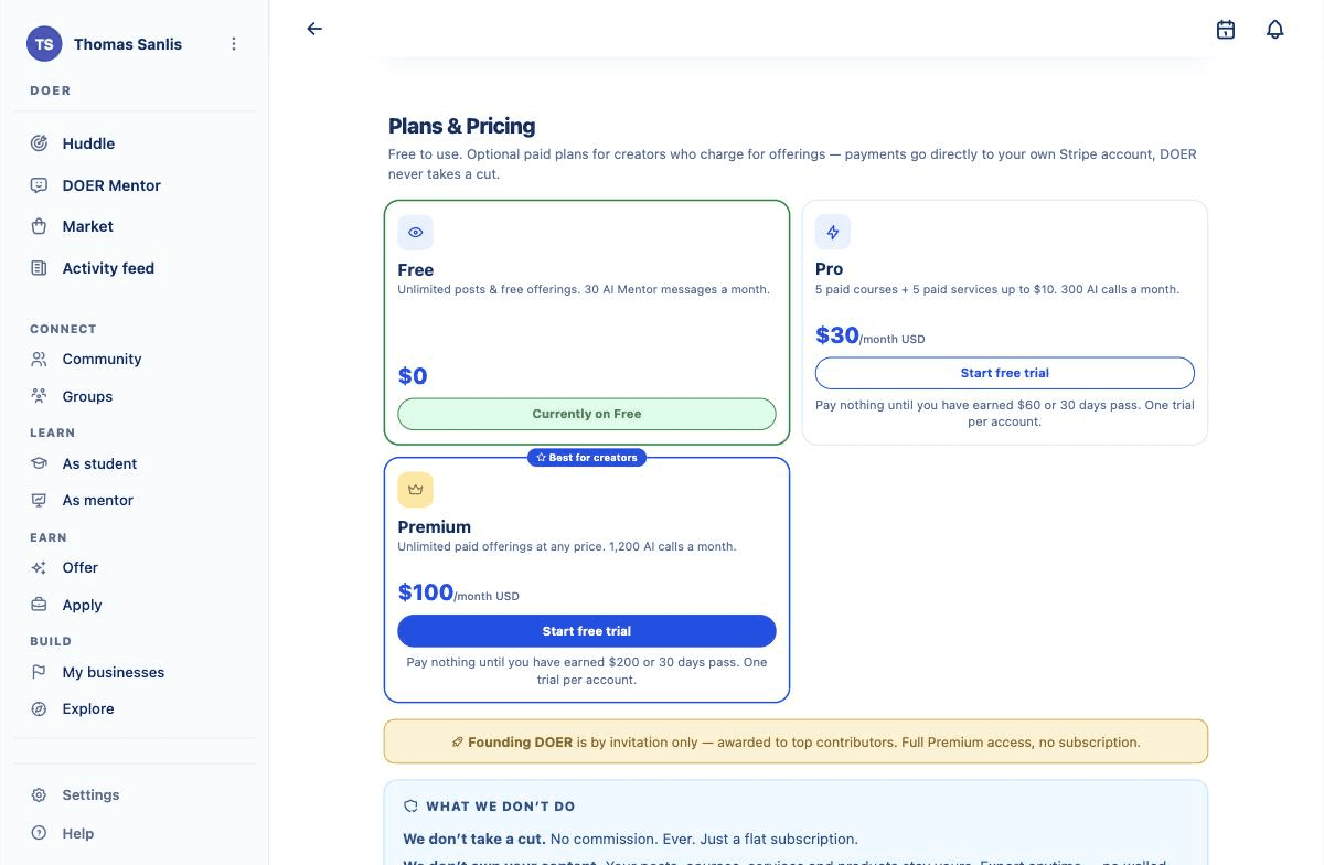 DOER's plans inside the app: Free, Pro and Premium, with the earn-before-you-pay trial.