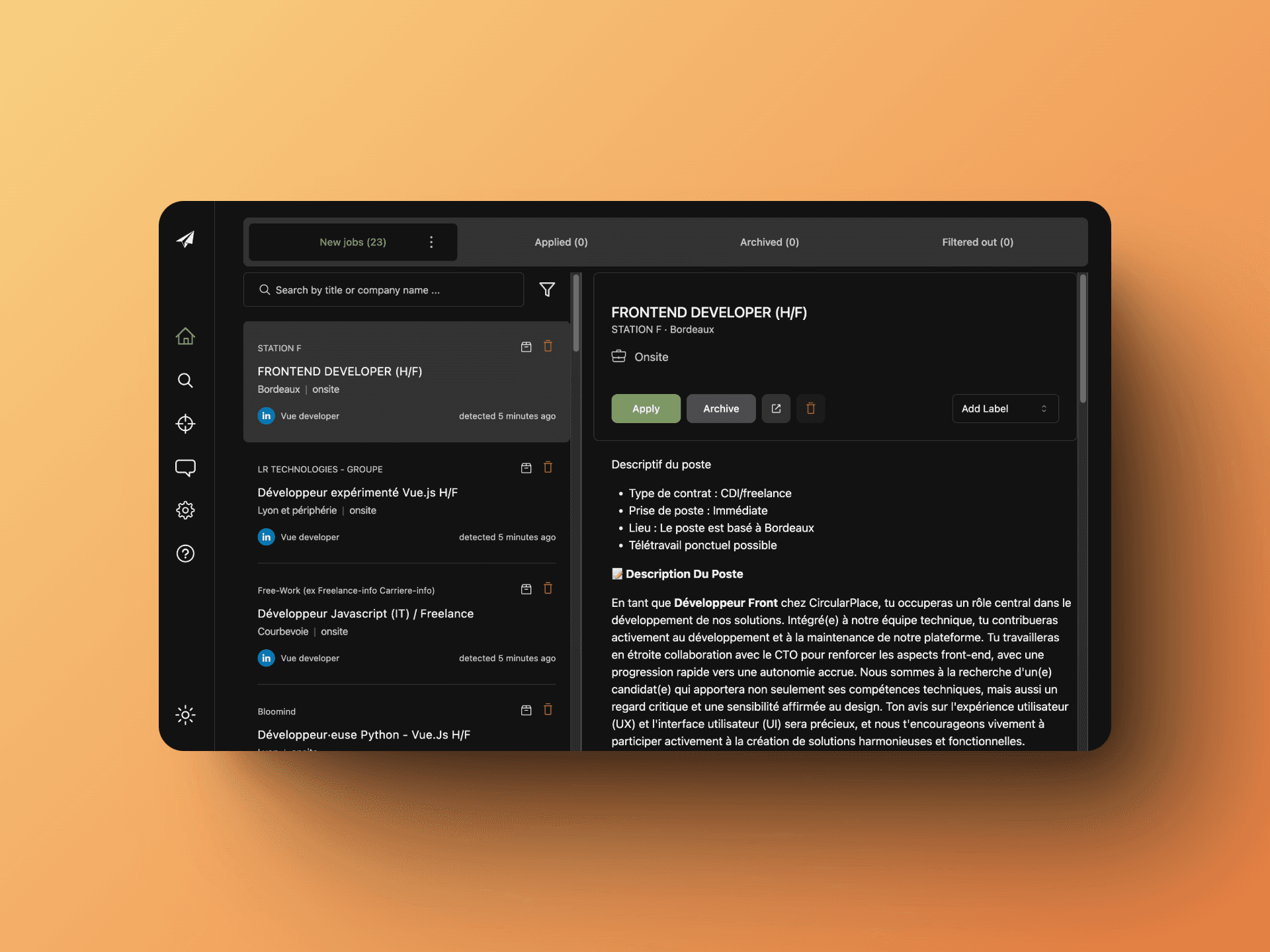 Organized dashboard for tracking job applications