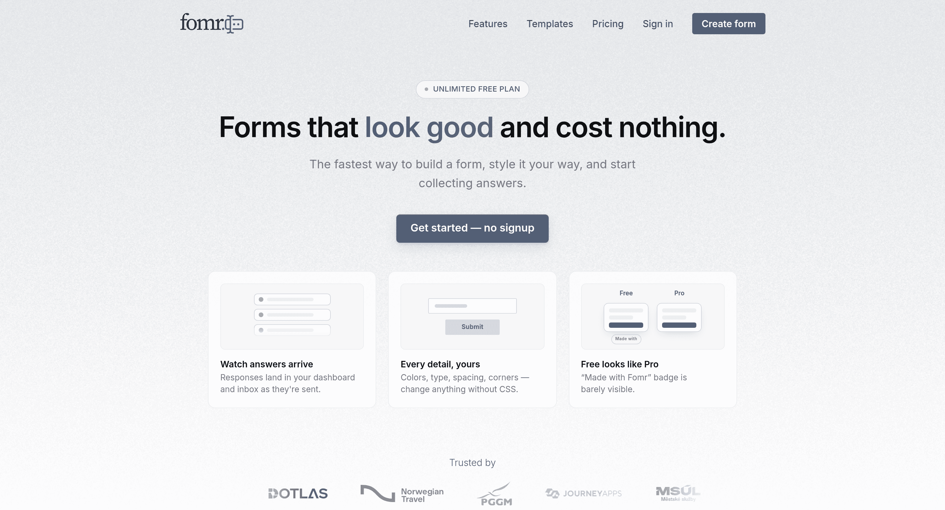 The Fomr home page, leading with the unlimited free plan.