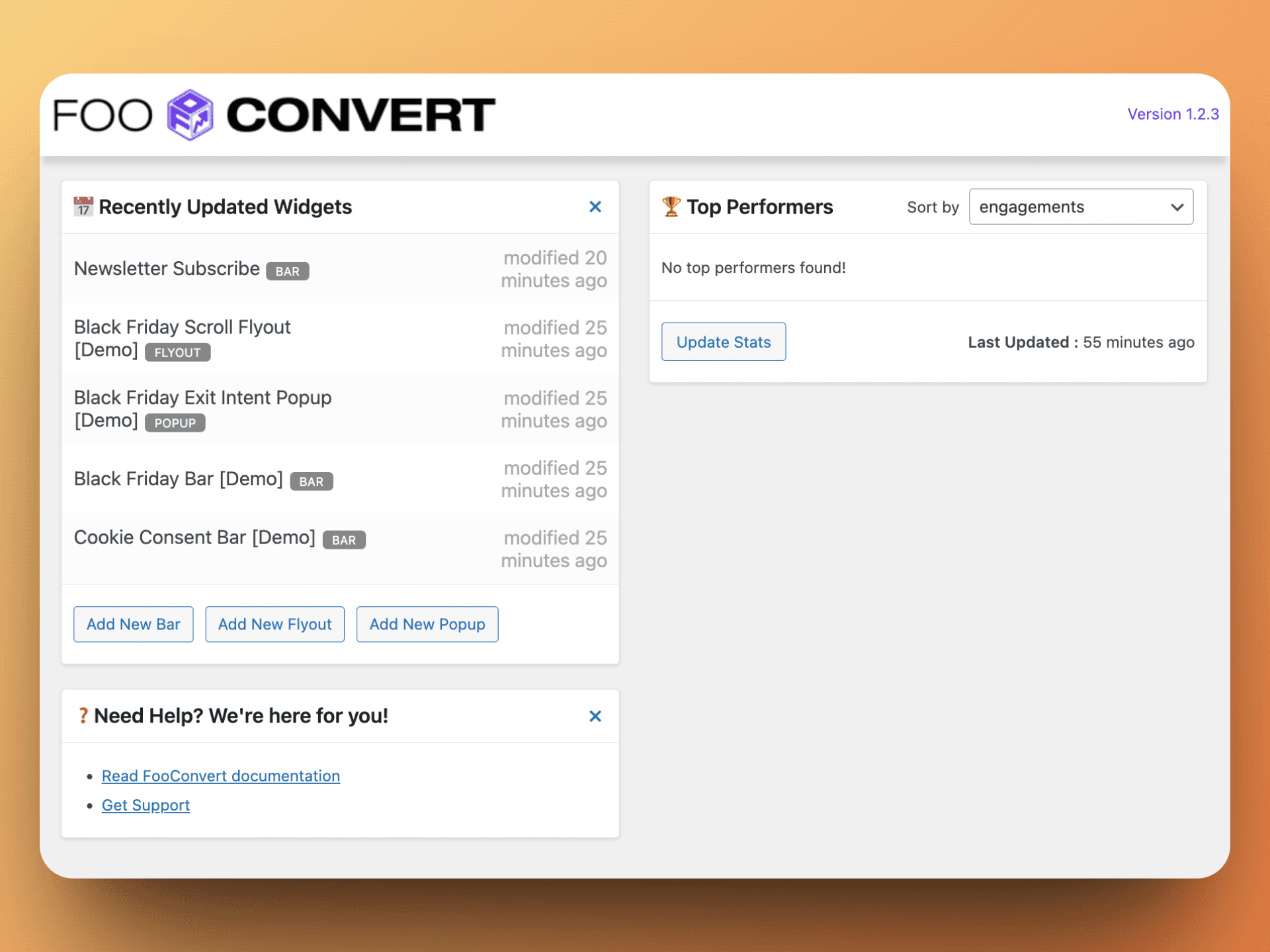 FooConvert aims to provide a clear dashboard to manage all your widgets.