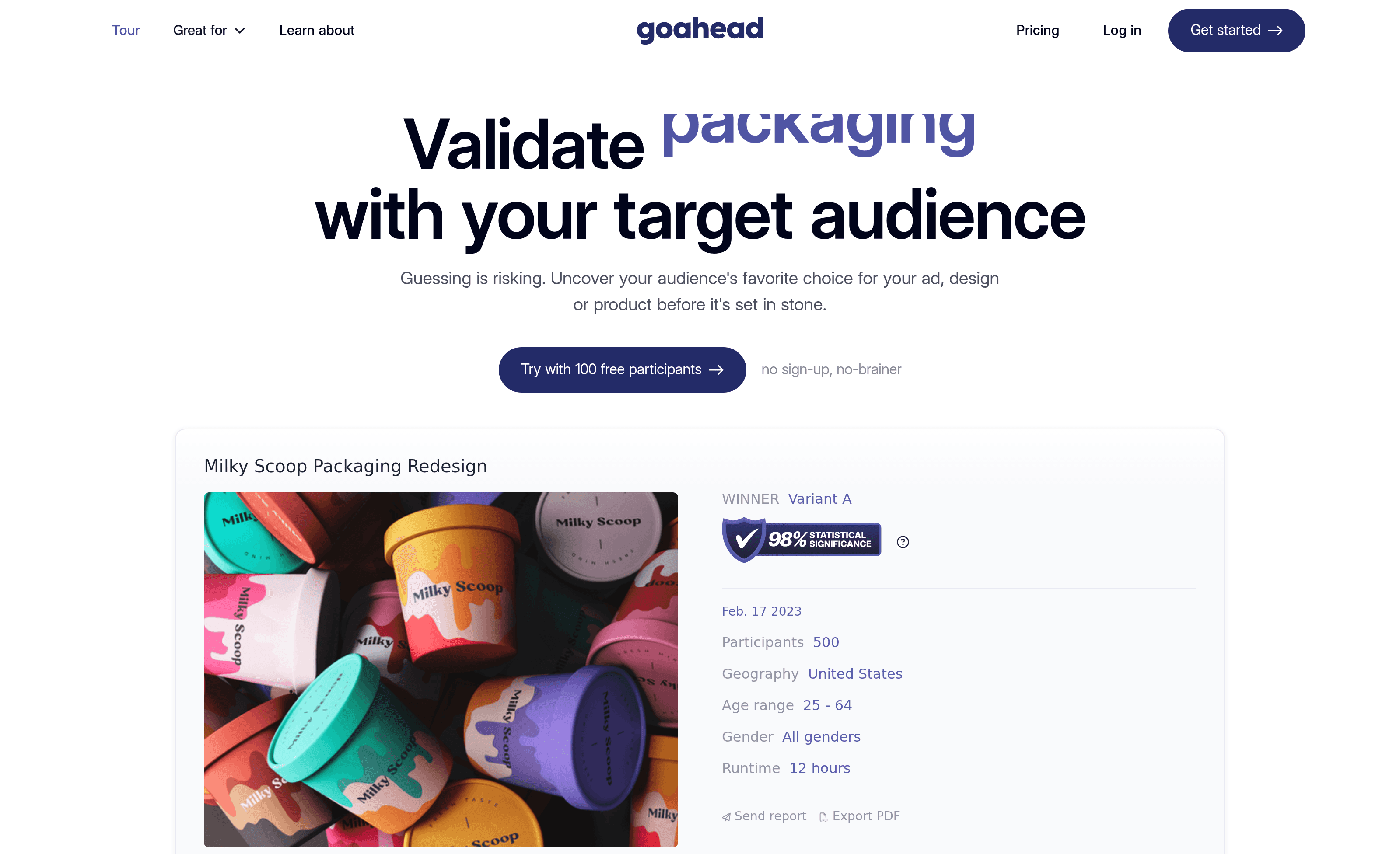 The goahead home page: the headline cycles through 'branding', 'packaging', 'advertising'... and a sample result card names a winning variant with a '98% statistical significance' badge.