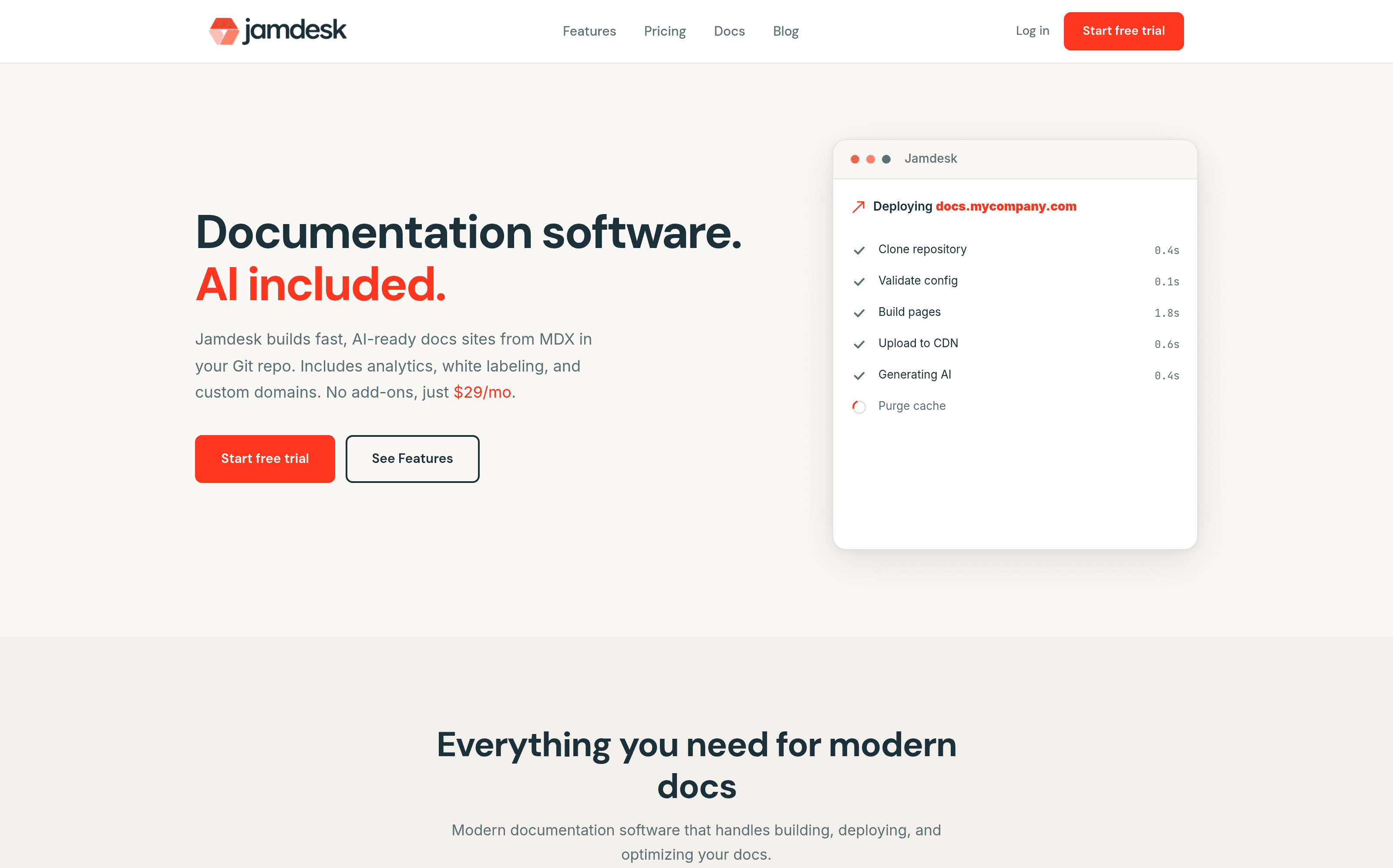 The Jamdesk home page, with a build pipeline ticking through its phases and the $29/mo price stated in the hero.
