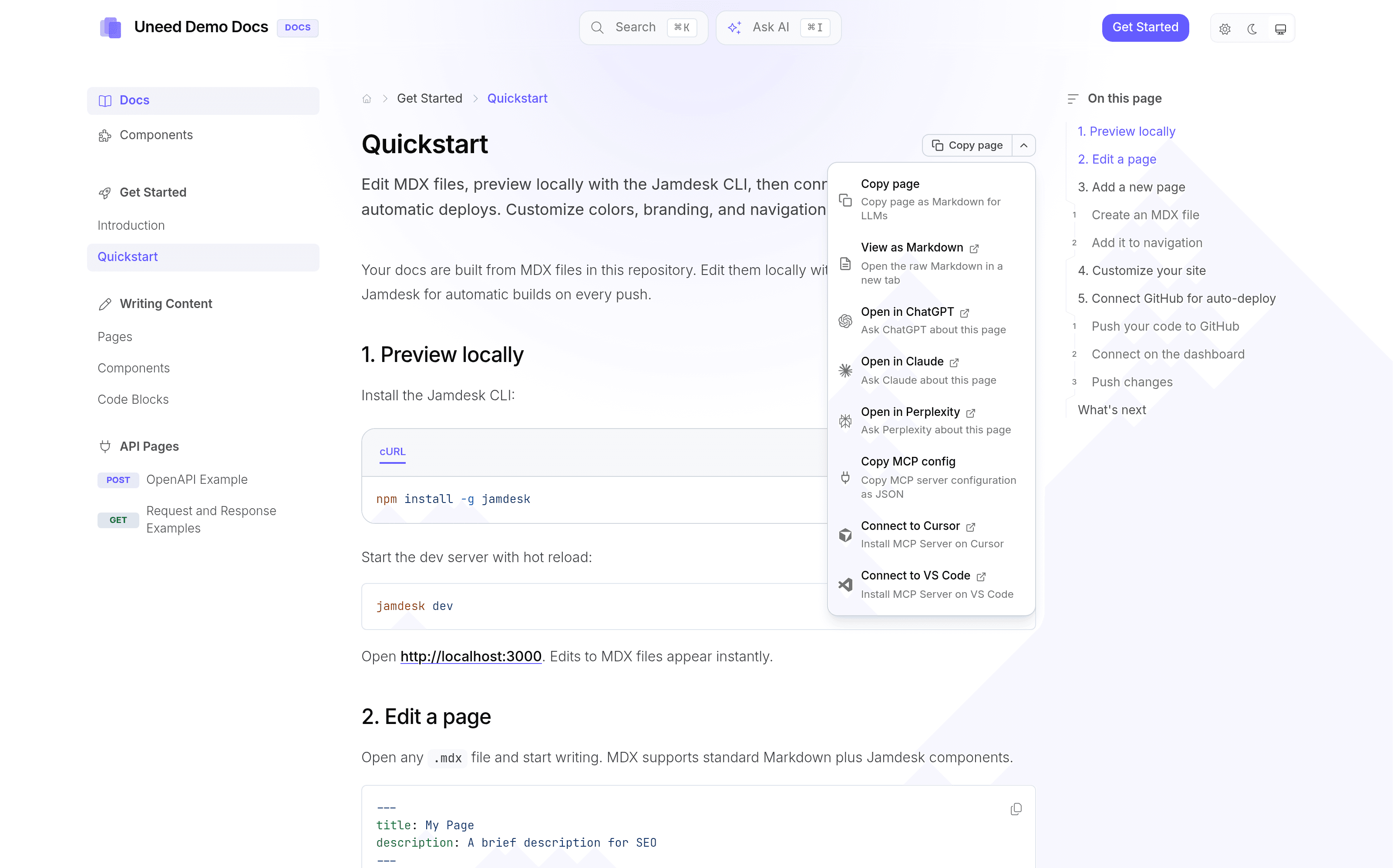 The AI Actions menu: eight ways to hand a docs page to an agent.
