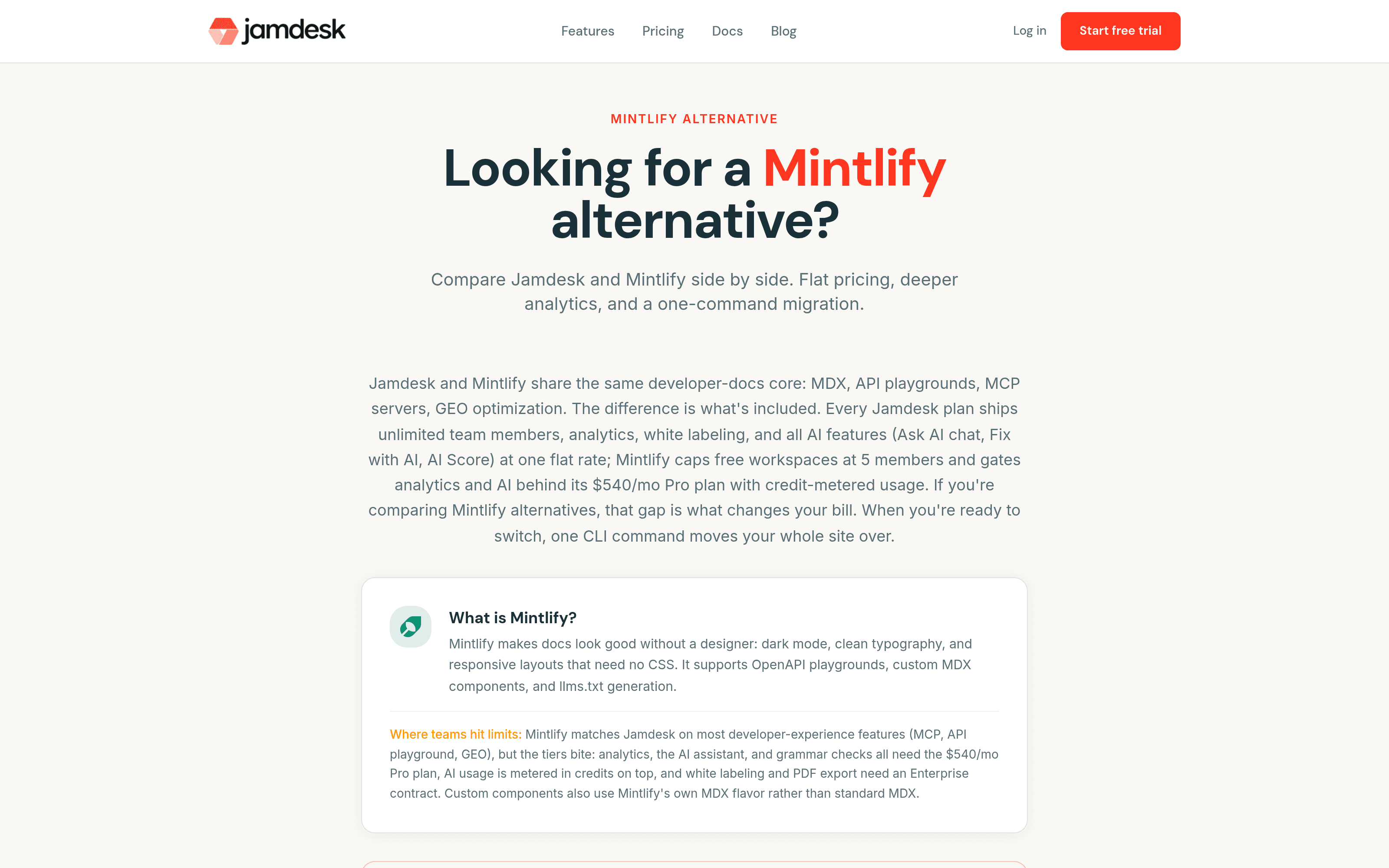 The top of Jamdesk's Mintlify comparison page, which leads with the $540/mo gap and the credit metering.