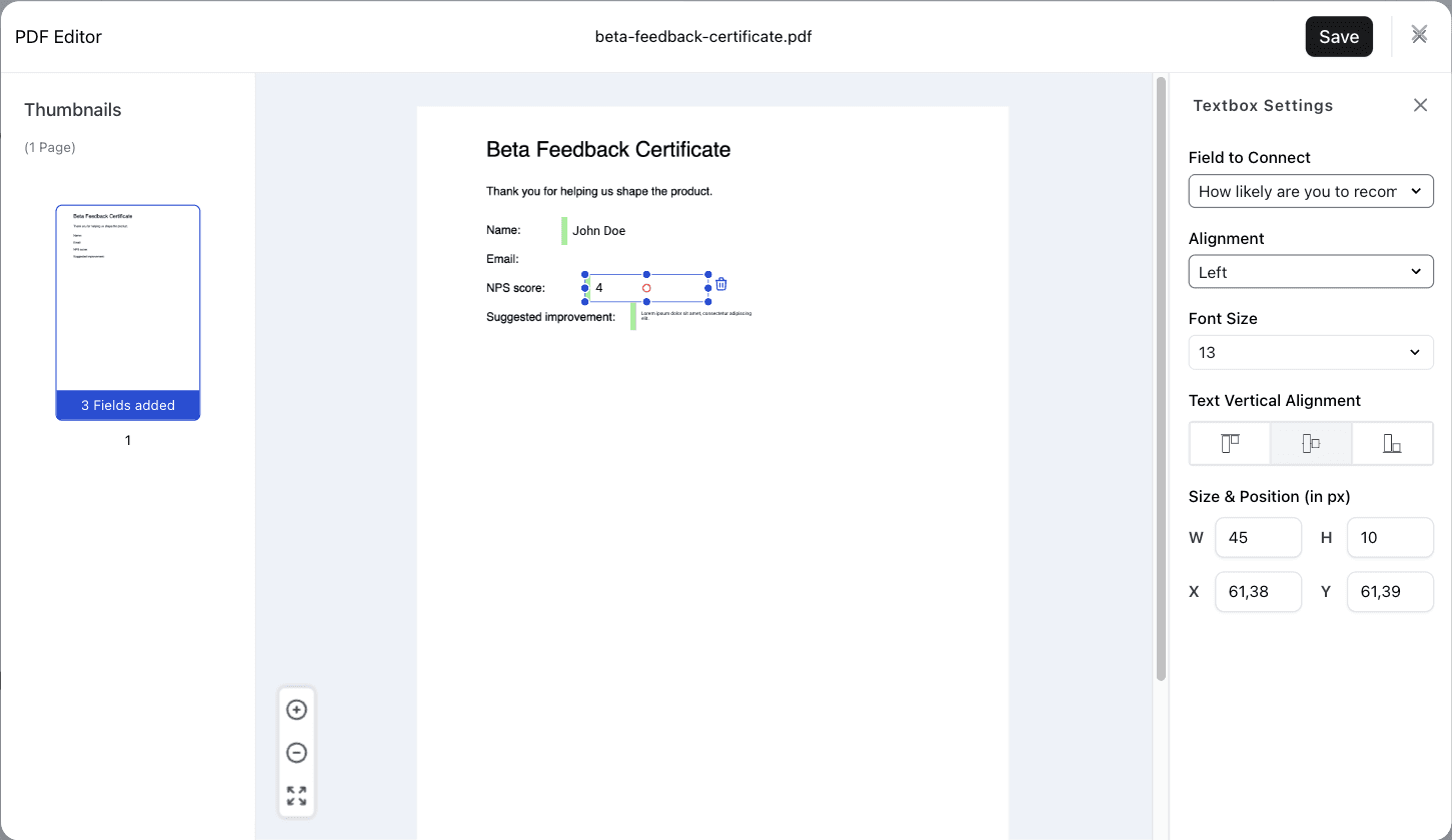 Mapping form fields onto a PDF template in the Document Generator.