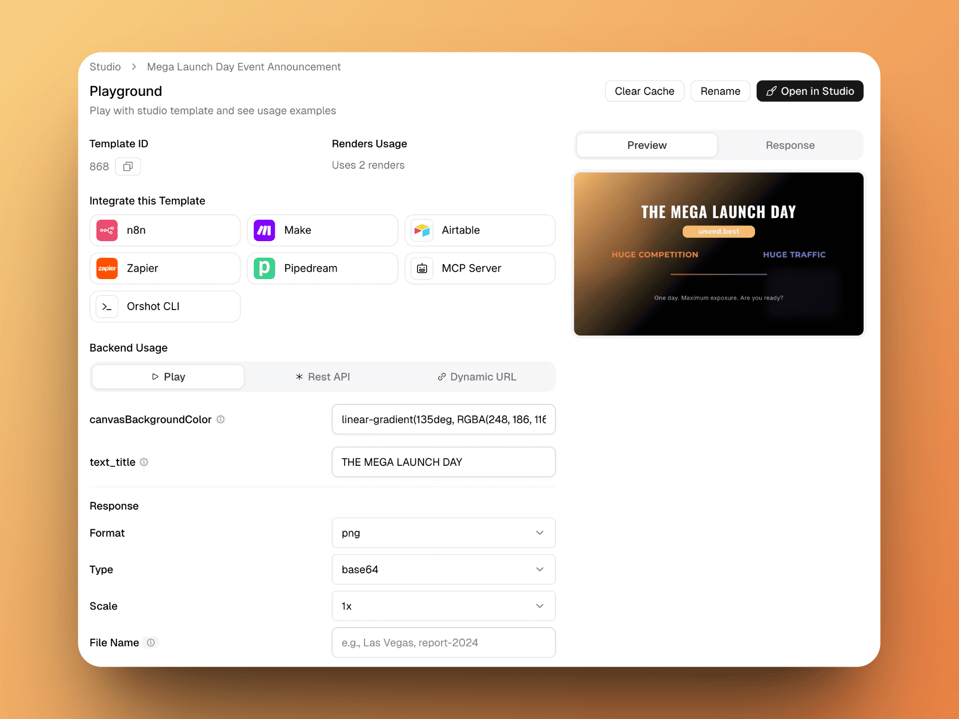 API playground showing template testing with live preview and detailed parameter controls