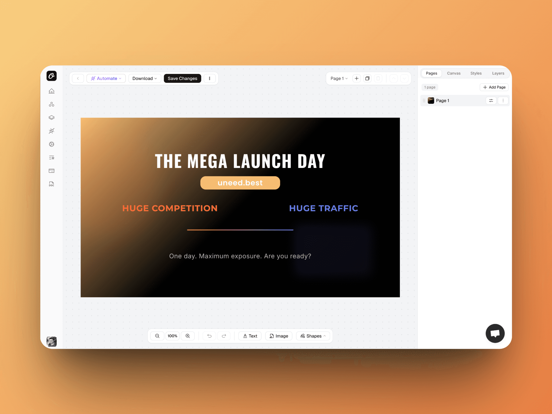 Orshot Studio showing the advanced design interface with comprehensive layout and styling controls