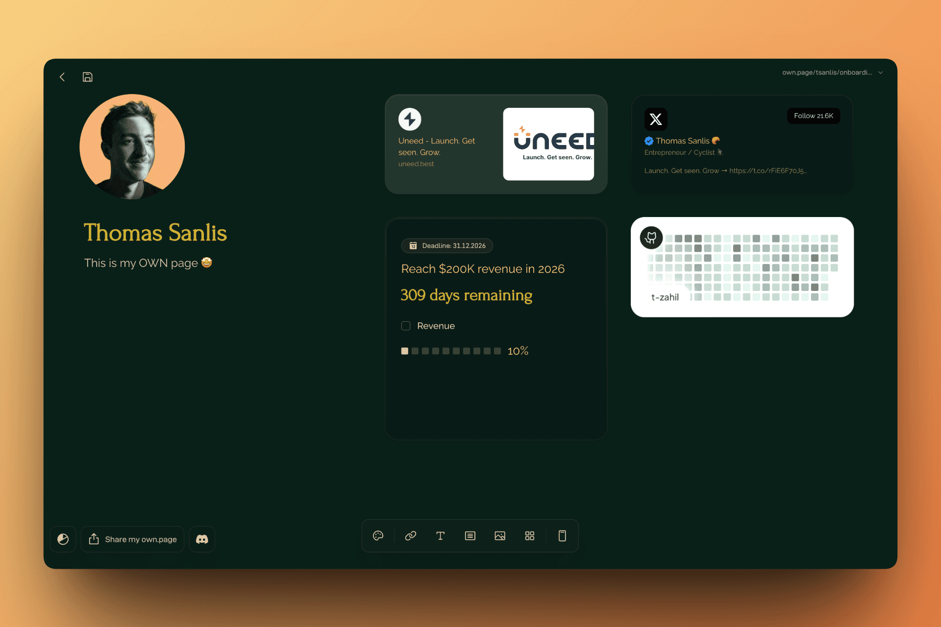 My completed Own.page with profile, links, embeds, and goal tracking