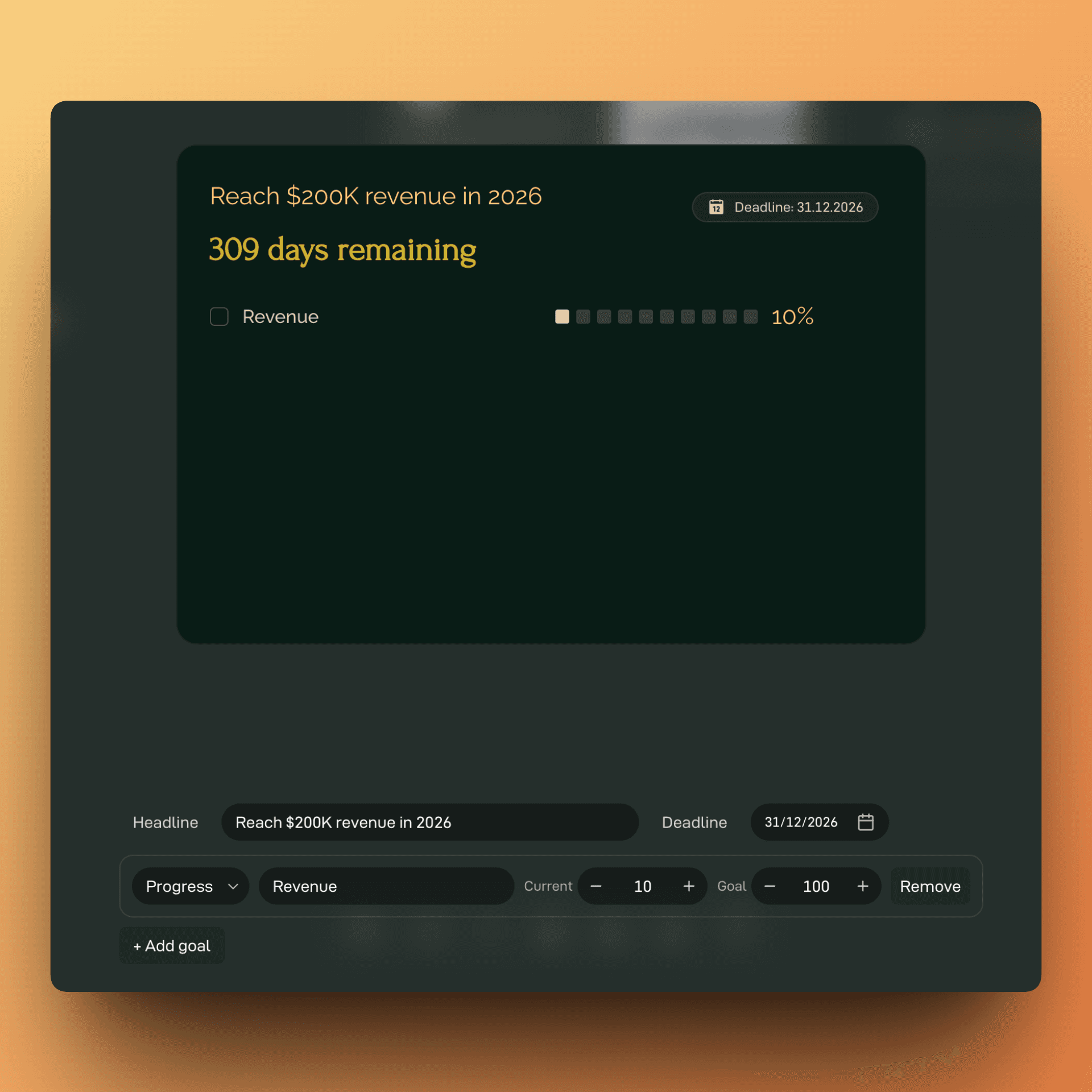 The goal editor to set a headline, deadline, and track progress