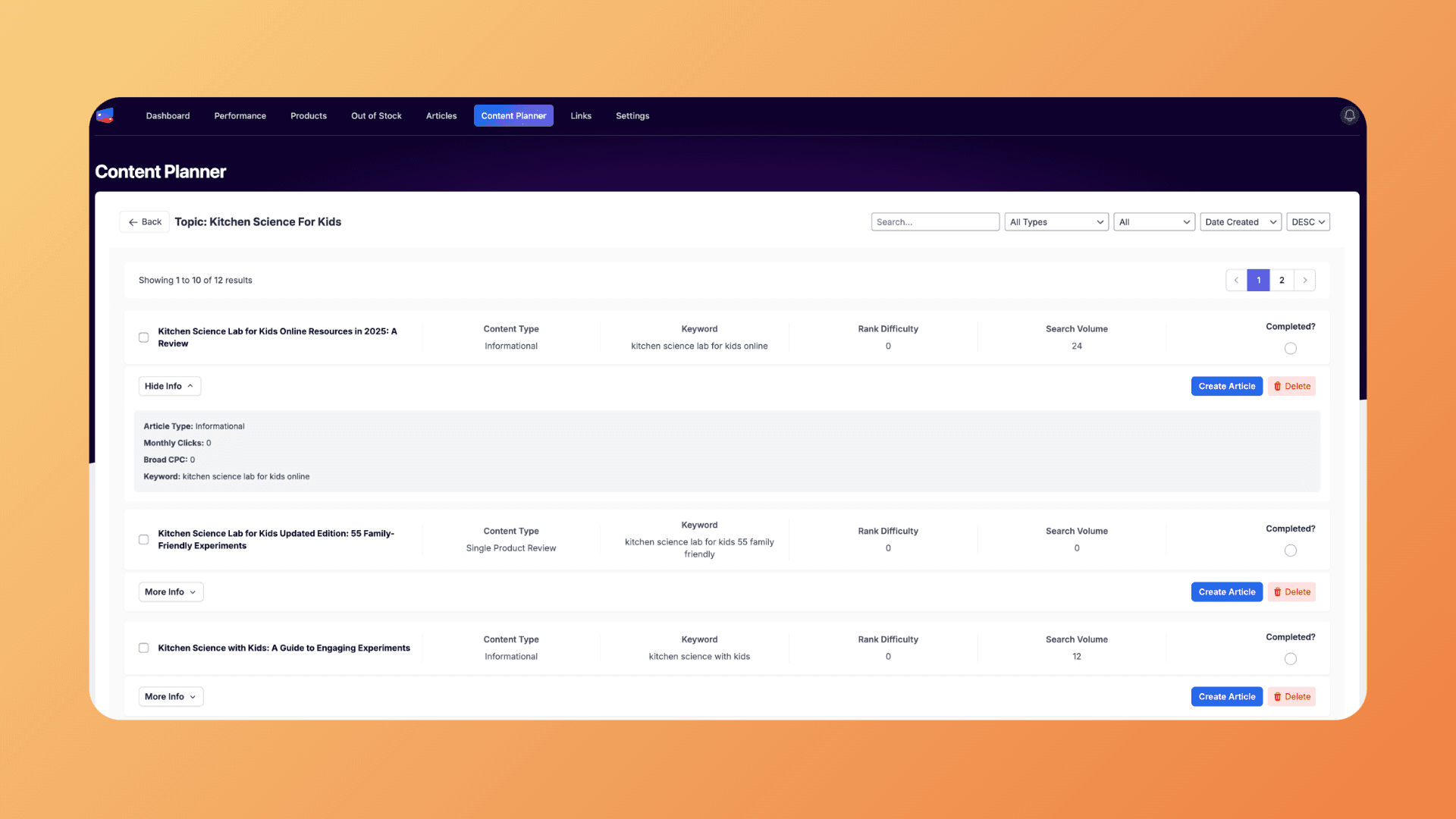 AI-powered content planner with SEO metrics for each content idea