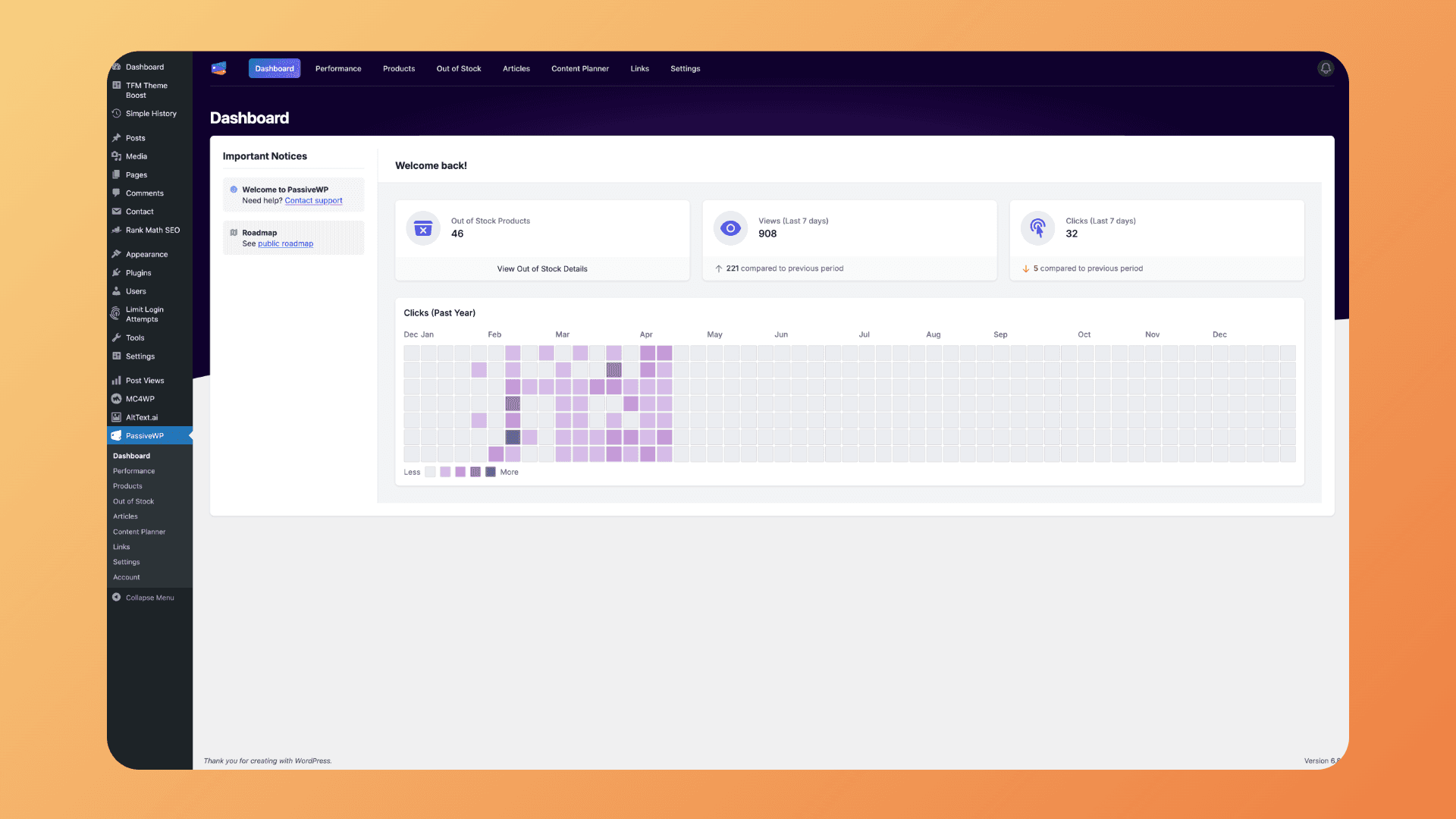 PassiveWP's clean dashboard showing key metrics and out-of-stock alerts