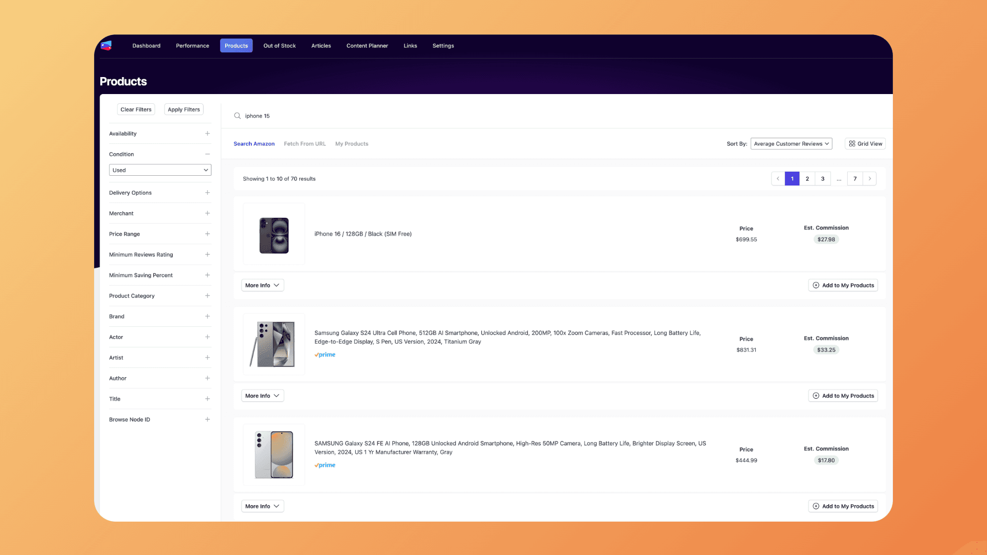 Comprehensive product research interface showing commission estimates