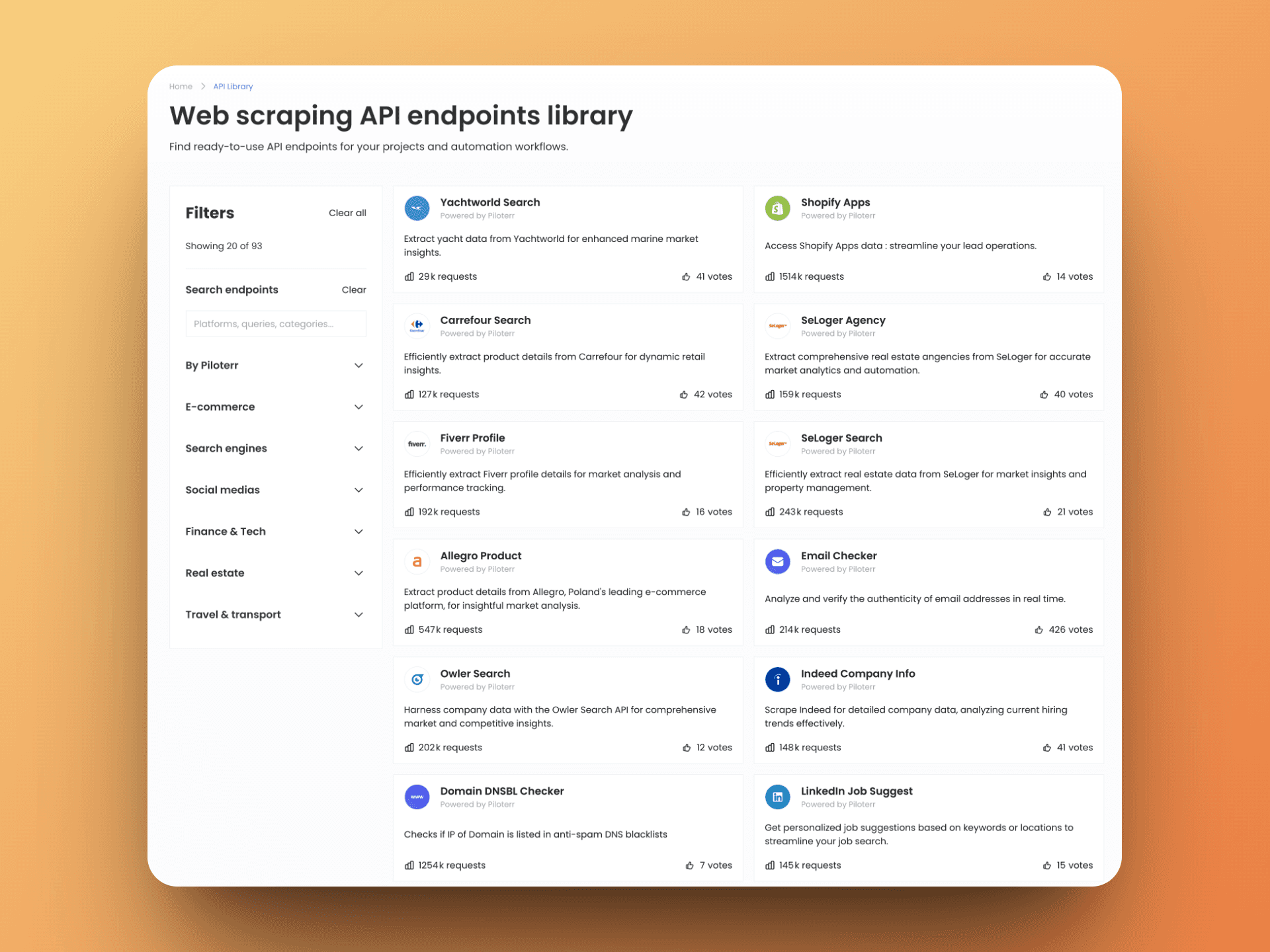 Piloterr's API library with 50+ endpoints