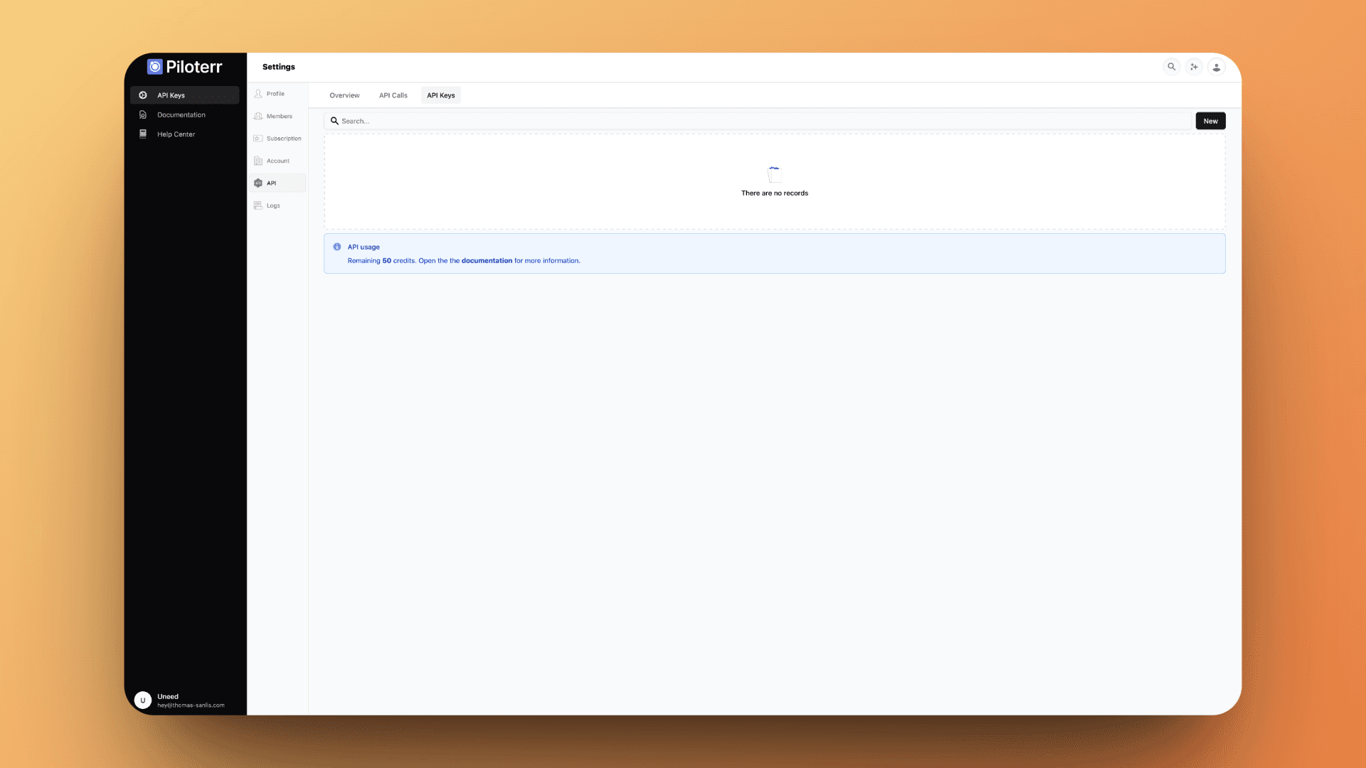 The API Keys interface - simple and to the point