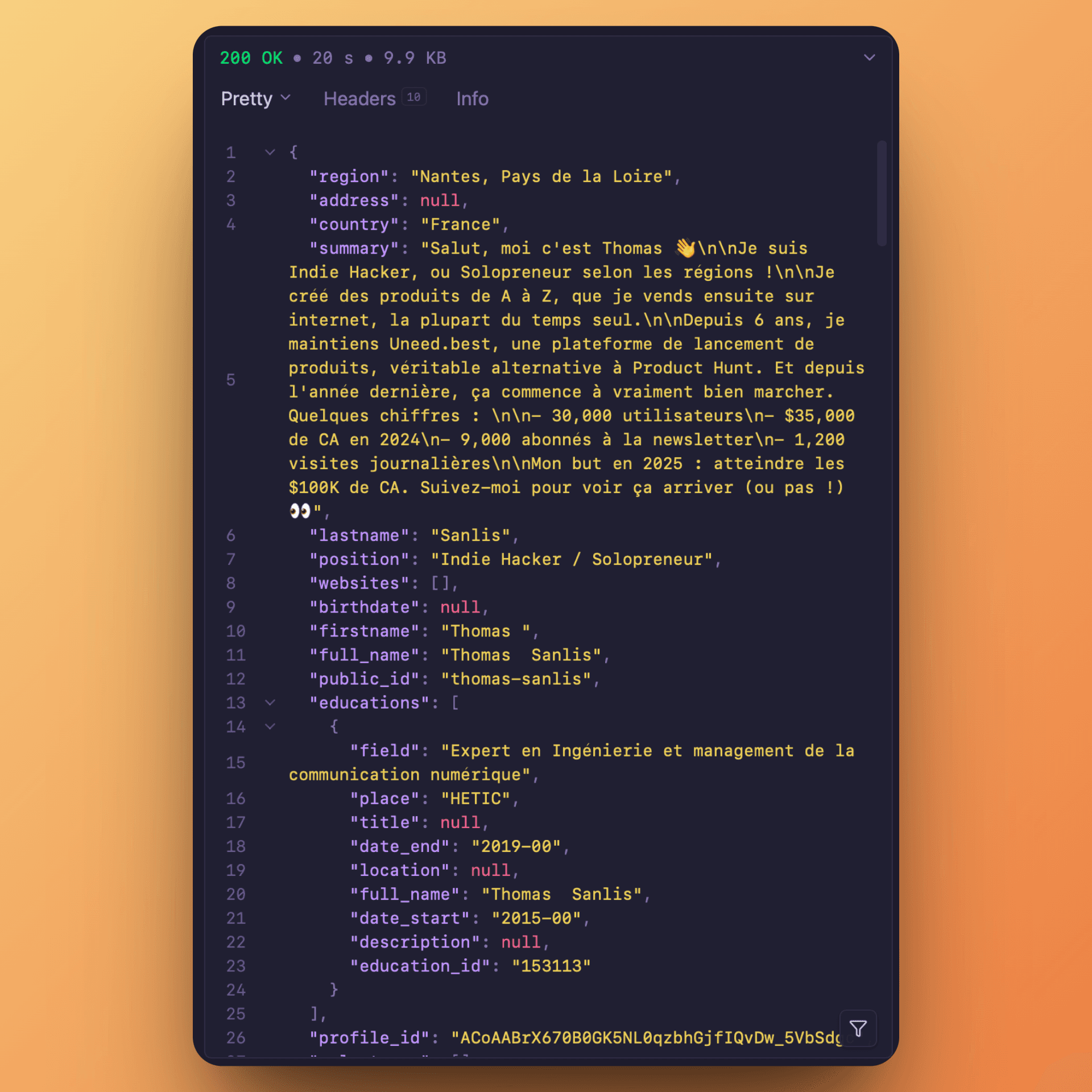 JSON data returned from the LinkedIn scraper