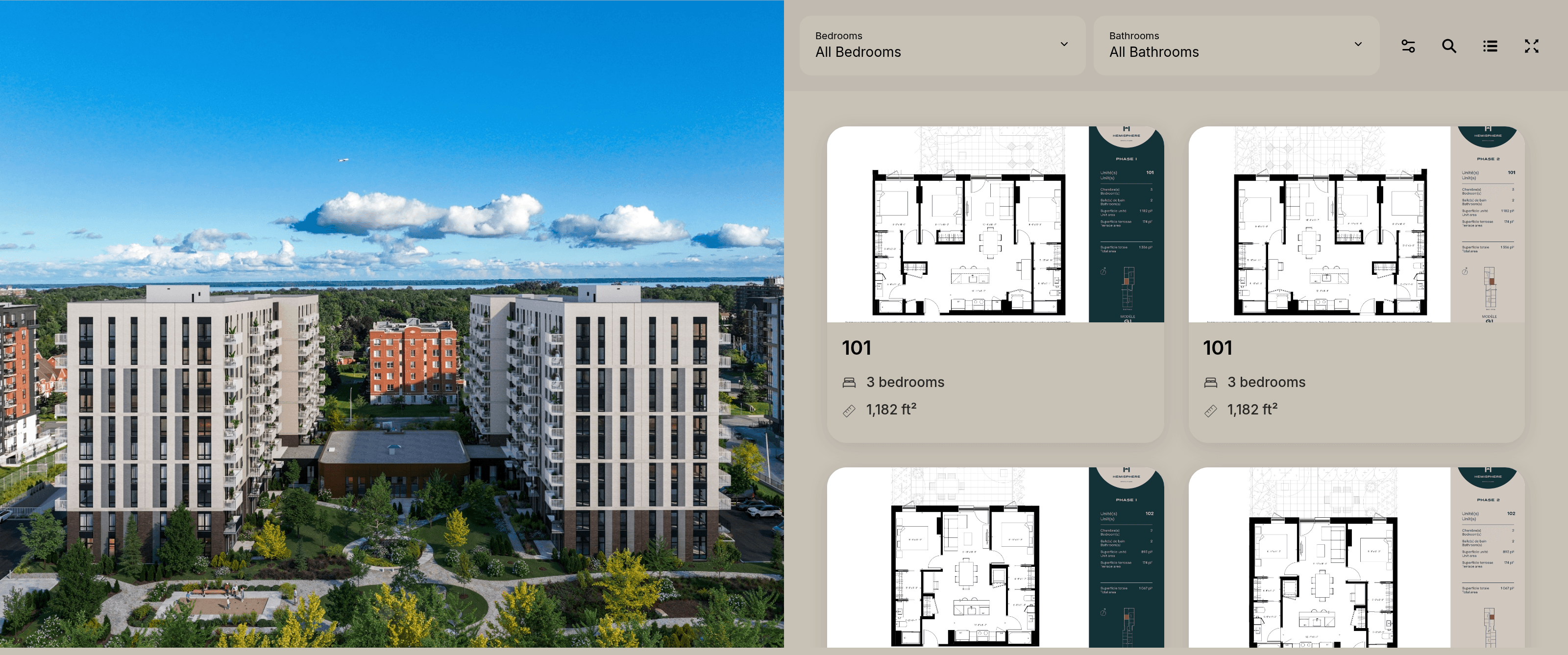 The Planpoint viewer: the building render on the left works as the map, while the right panel lets you browse every unit and filter by bedrooms, bathrooms, and status.