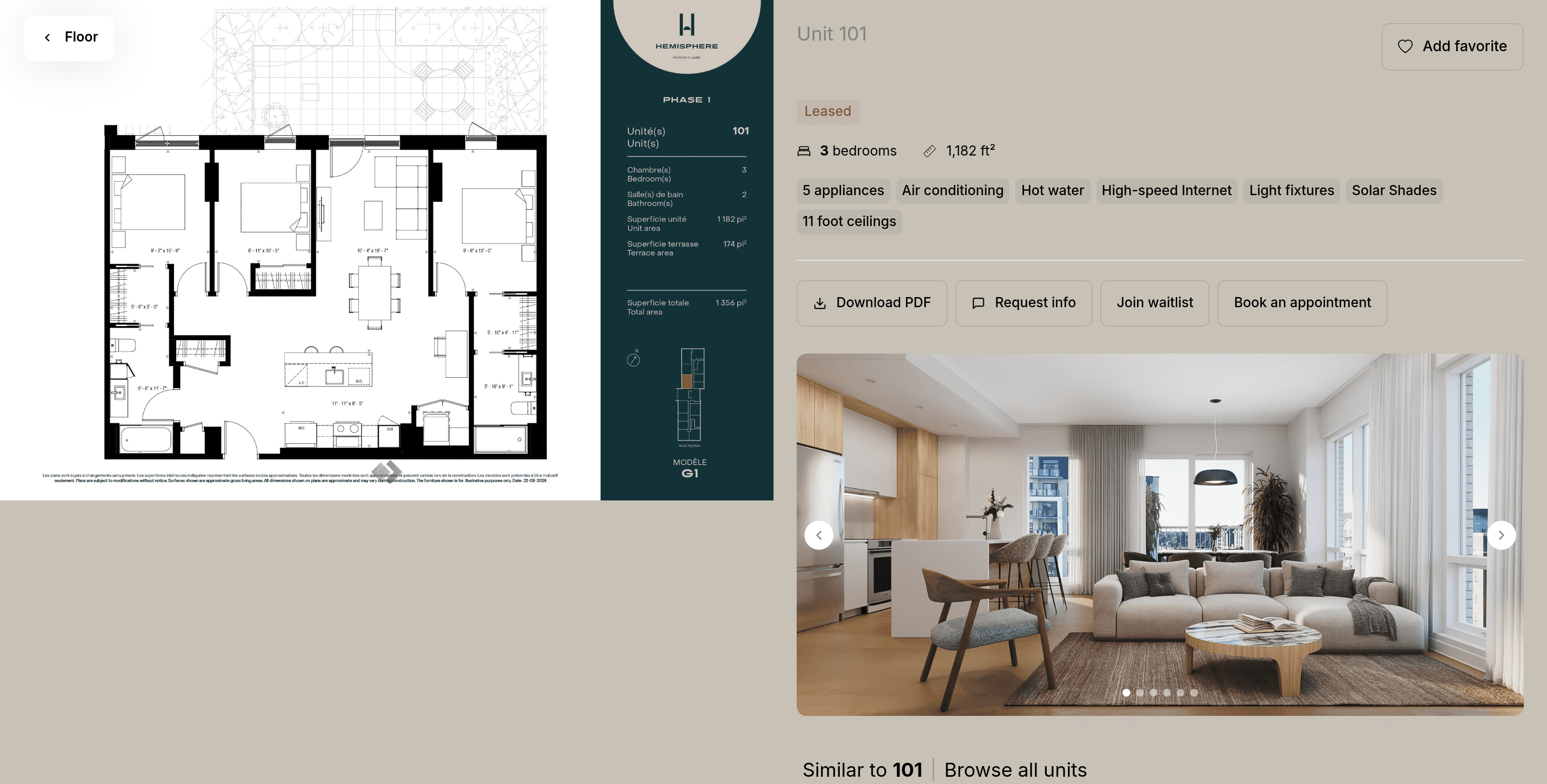 The interactive floor plan for a unit: dimensioned plan, a mini locator showing its position on the floor, full specs, and an interior gallery.