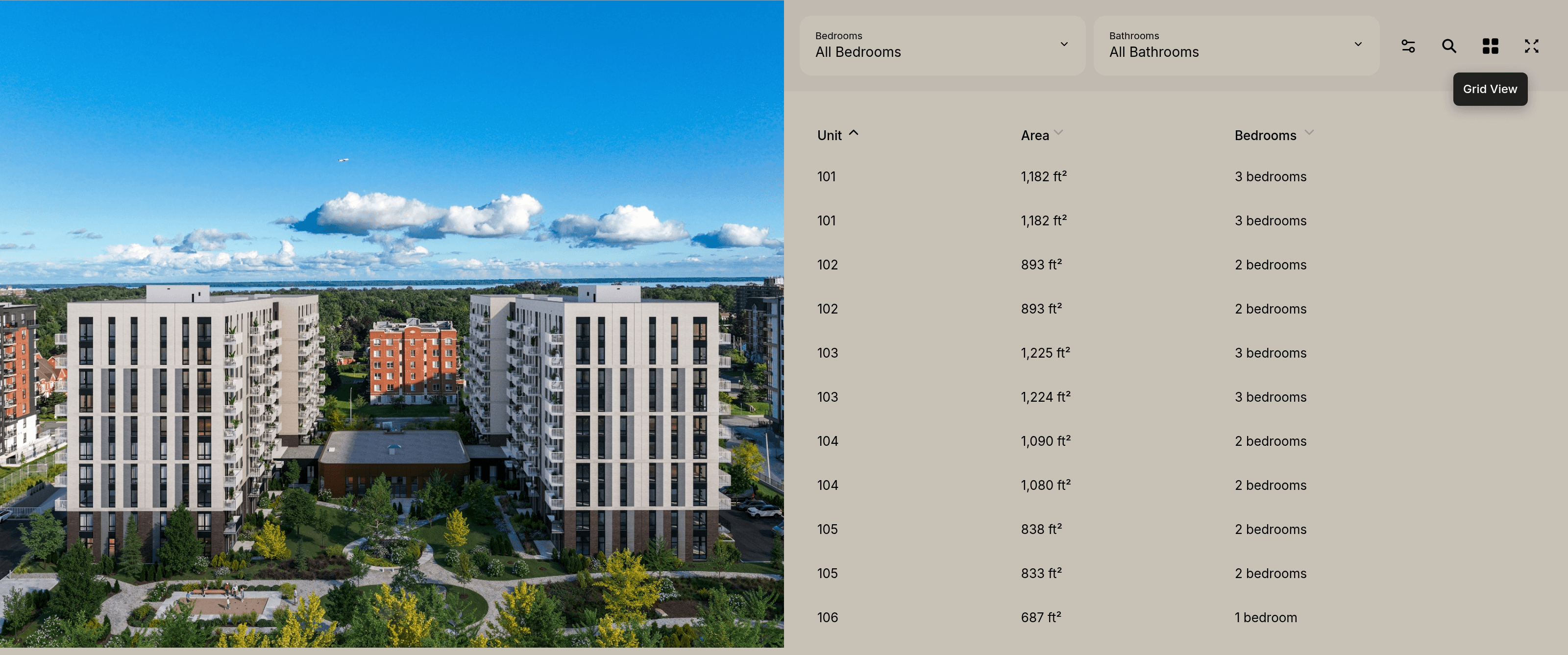 The list view: the same units as a sortable, filterable table for buyers who prefer scanning data to browsing a render.