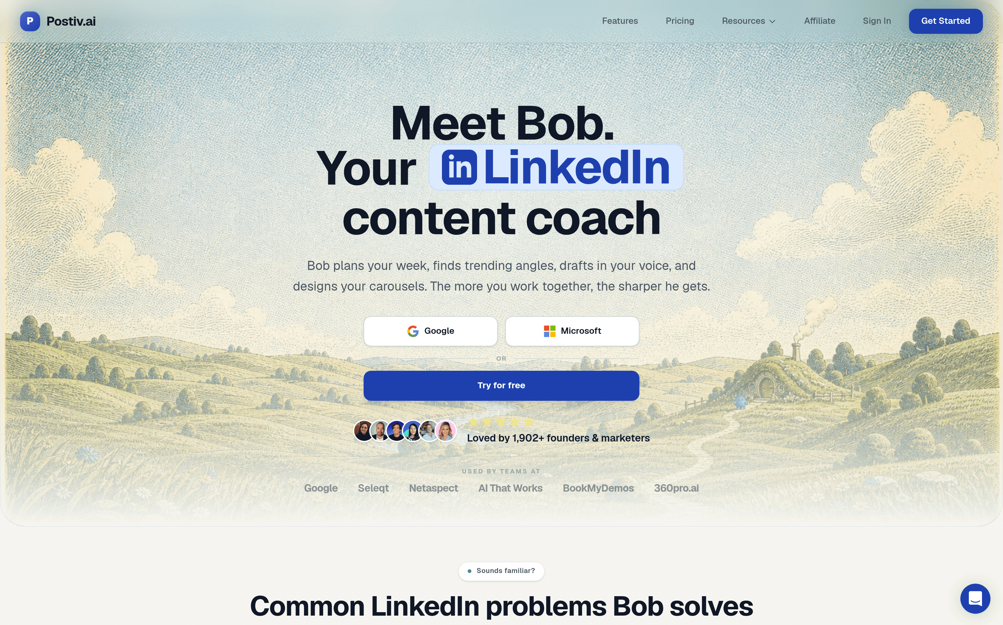 The Postiv home page: "Meet Bob. Your LinkedIn content coach" — a coach who plans your week, not a post generator.