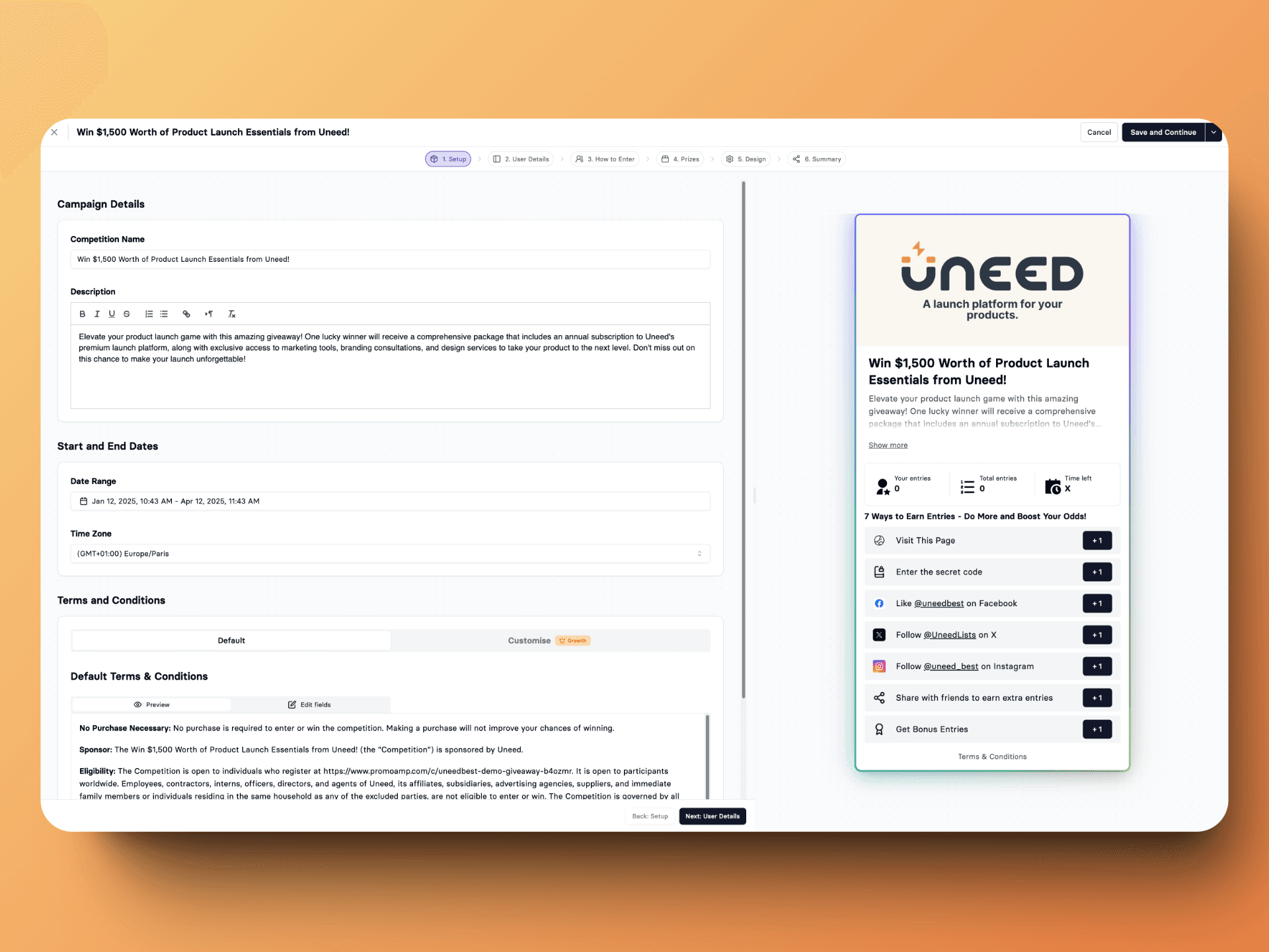 Comprehensive campaign setup interface with live preview