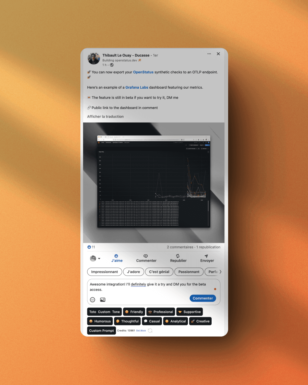 Using my custom tone 'Toto Custom Tone' to reply on LinkedIn. The response feels much more natural than with default tones