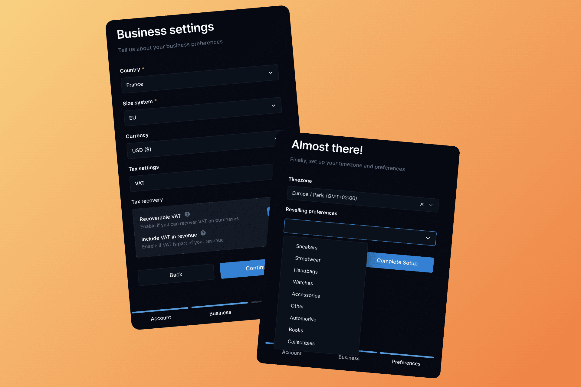 Business configuration including tax and currency settings
