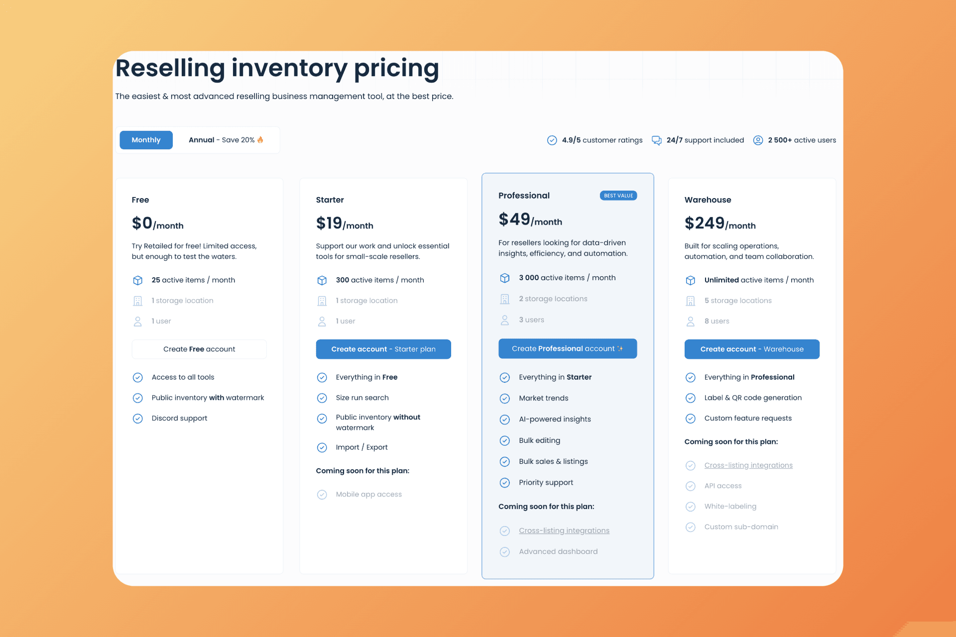 Comprehensive pricing structure with clear feature breakdown