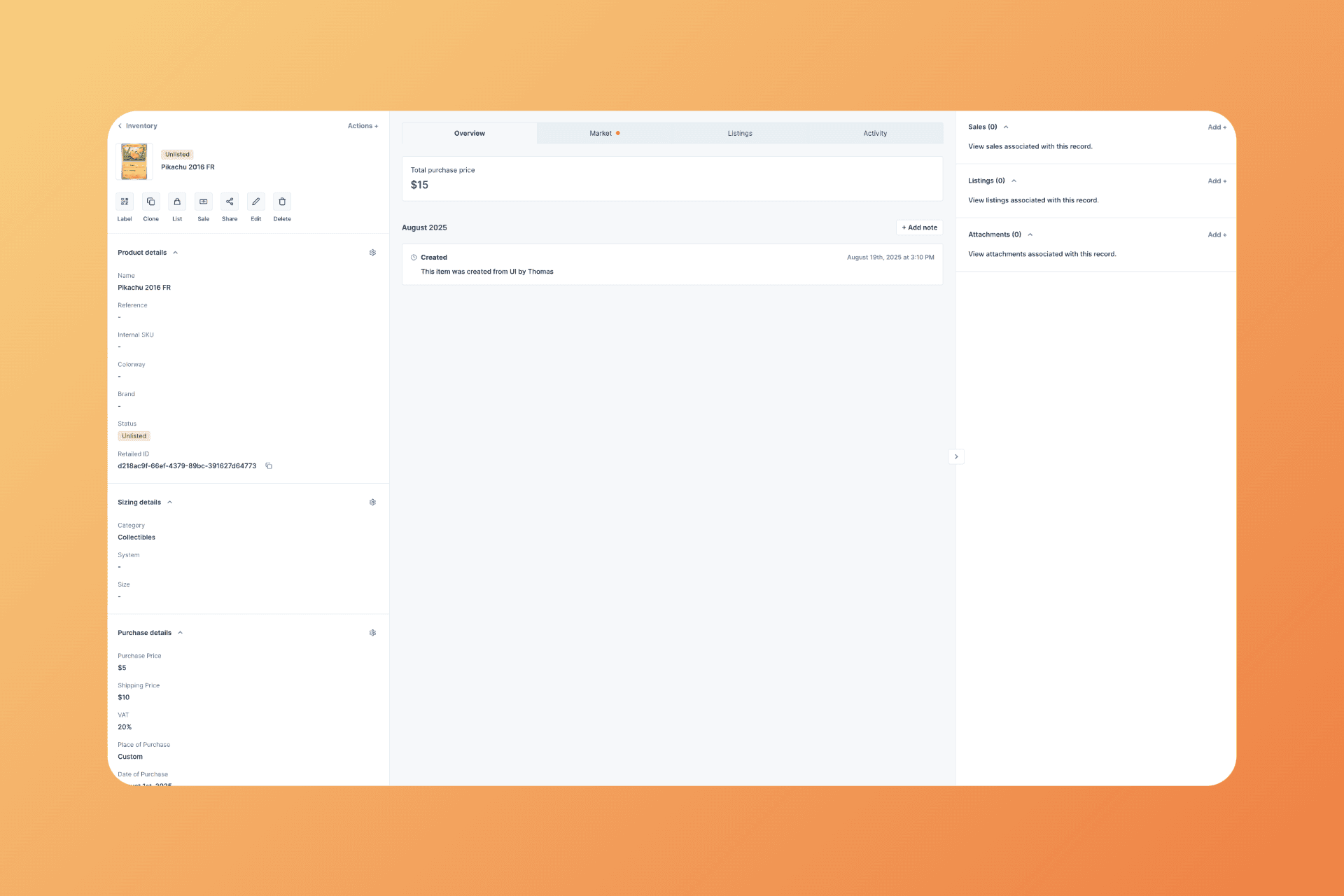 Detailed product view with comprehensive tracking and history
